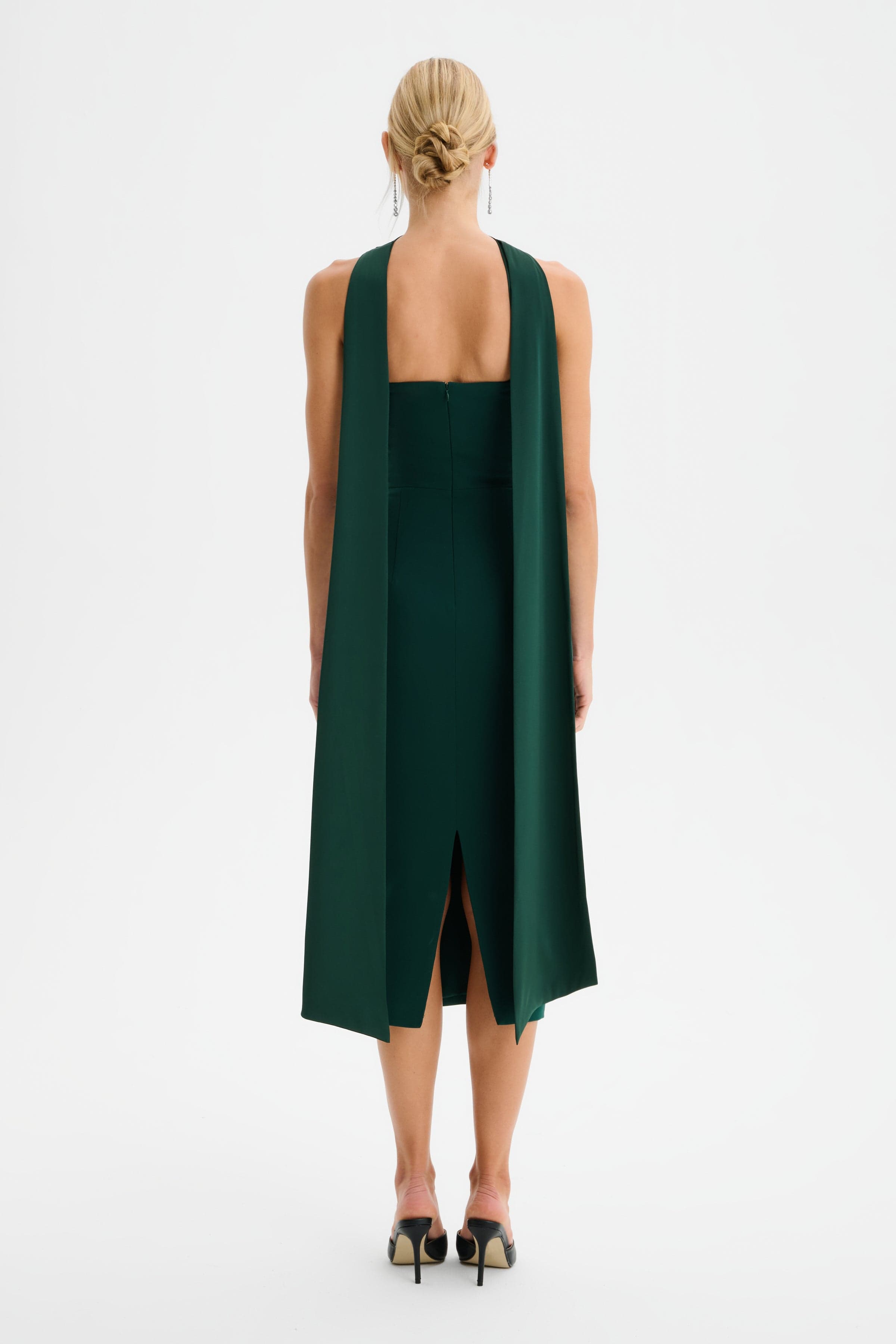 ZENDEYA Satin Draped Corset Midi Dress with Neck Scarf in Emerald Green