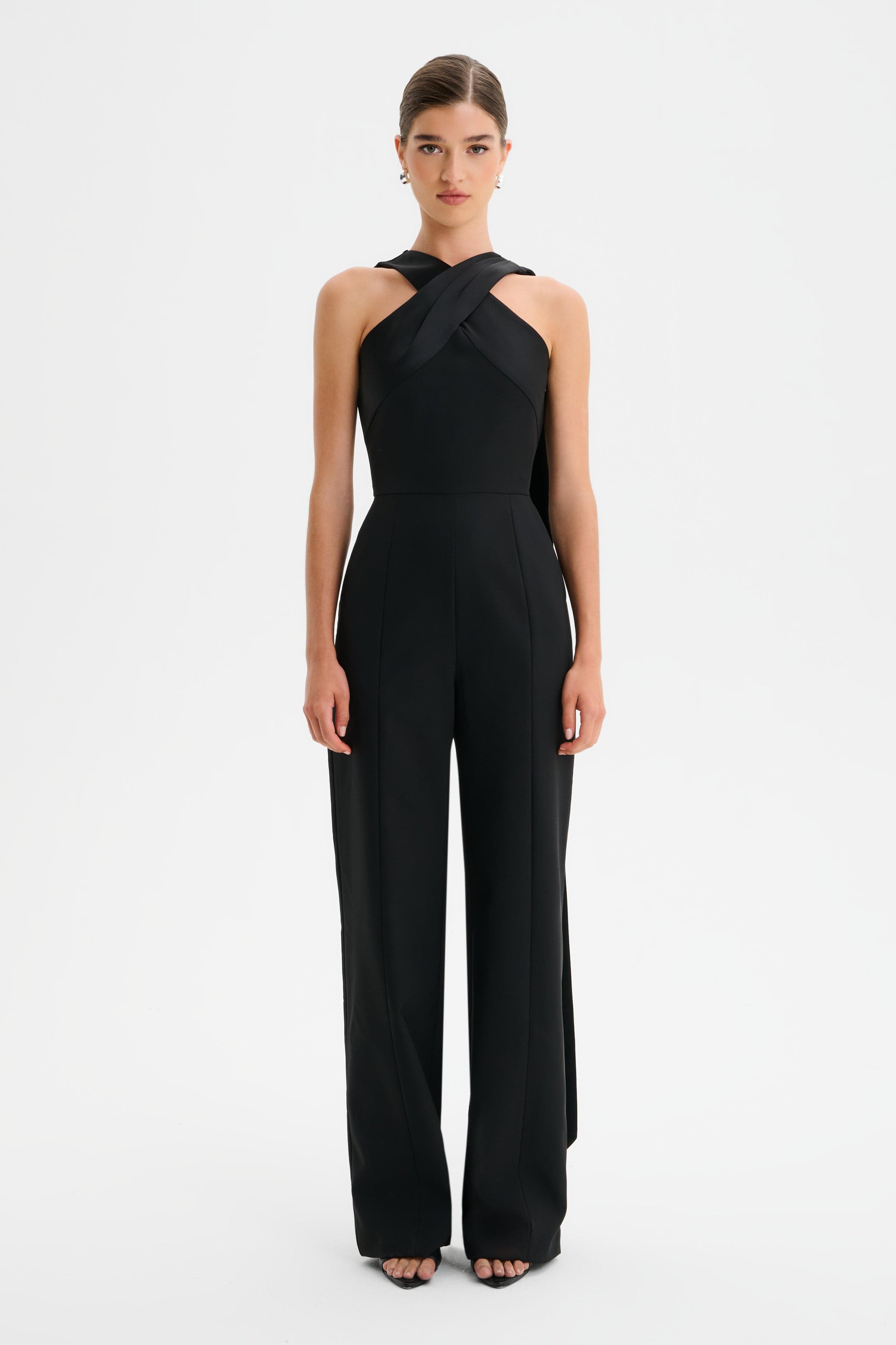 CHANTELLE Cross Neck Straight Leg Jumpsuit with Satin Drape in Black