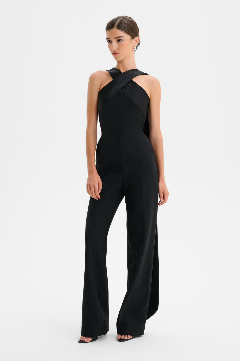 CHANTELLE Cross Neck Straight Leg Jumpsuit Satin Drape
