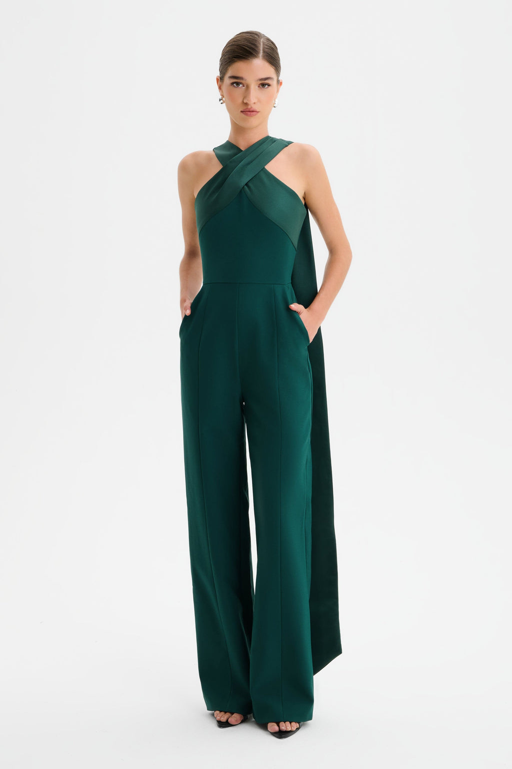 CHANTELLE Cross Neck Straight Leg Jumpsuit Satin Drape Emerald