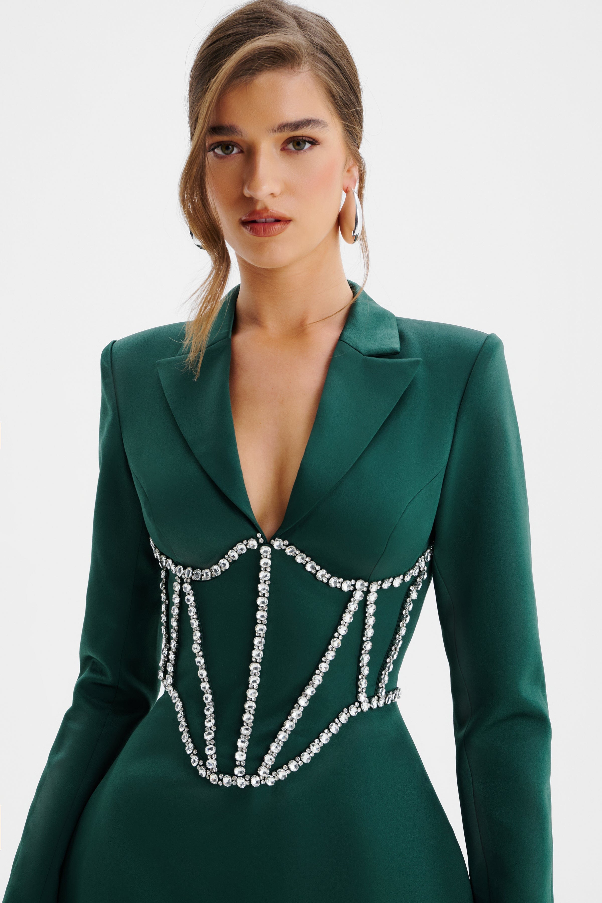 NOELIA Satin Blazer Mini Dress With Embellished Corset In Emerald Green