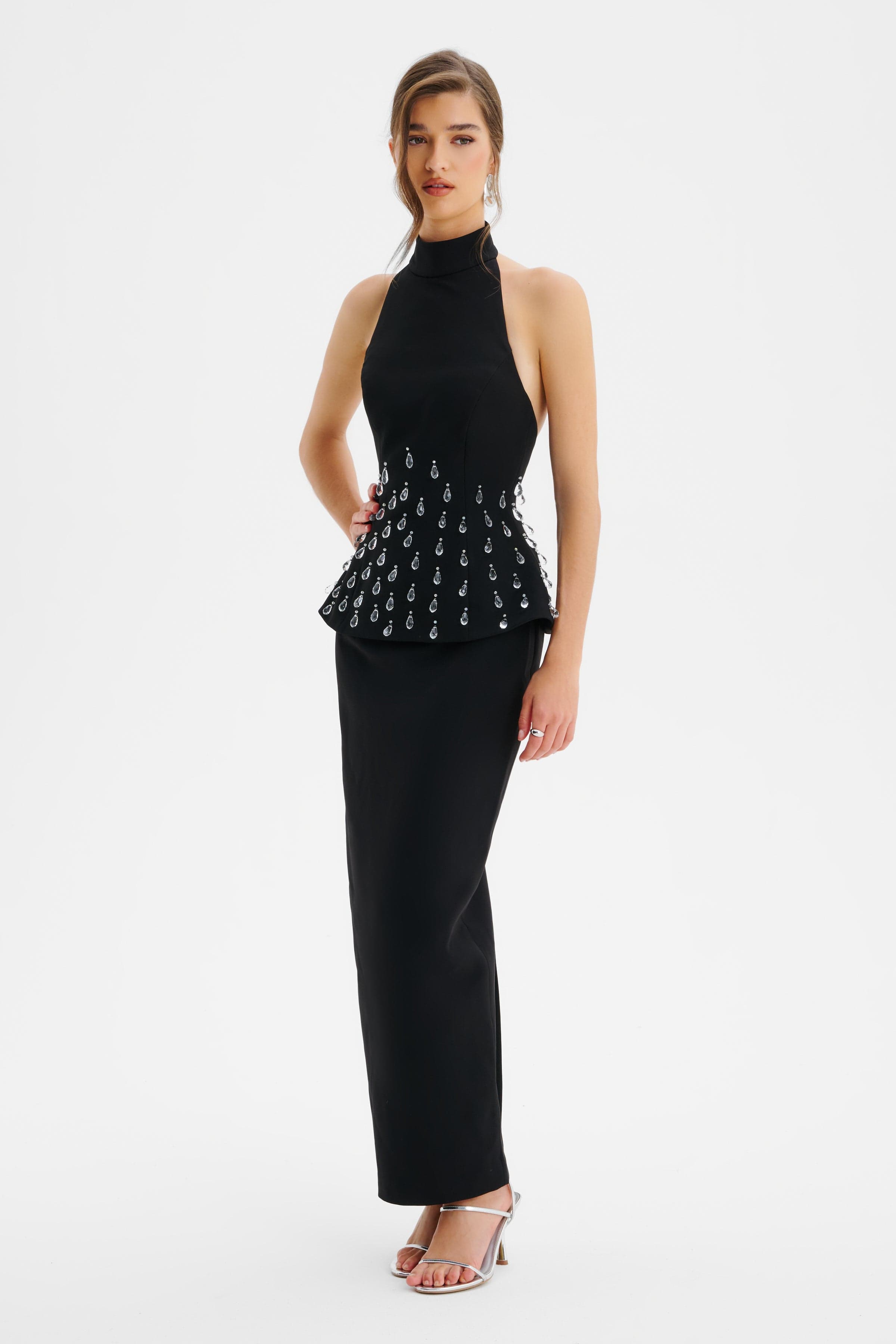VALENTINA High Neck Crystal Embellished Peplum Maxi Dress In Black