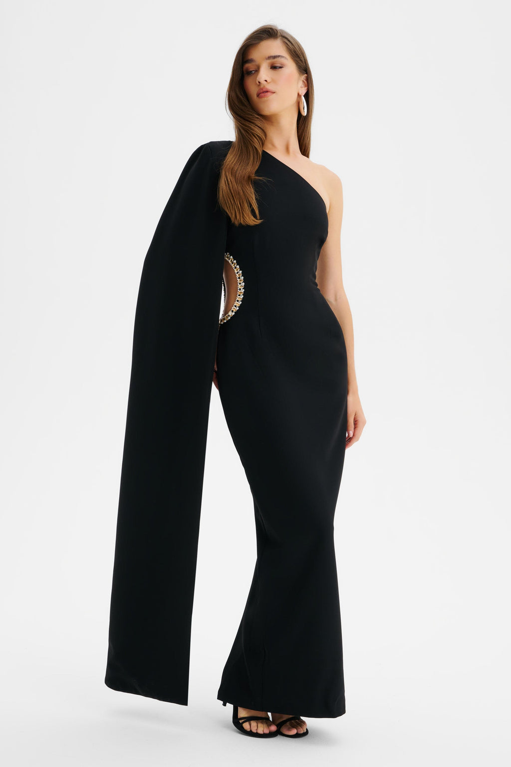 VIVIANA Asymmetric Embellished Cut Out Maxi Cape Dress