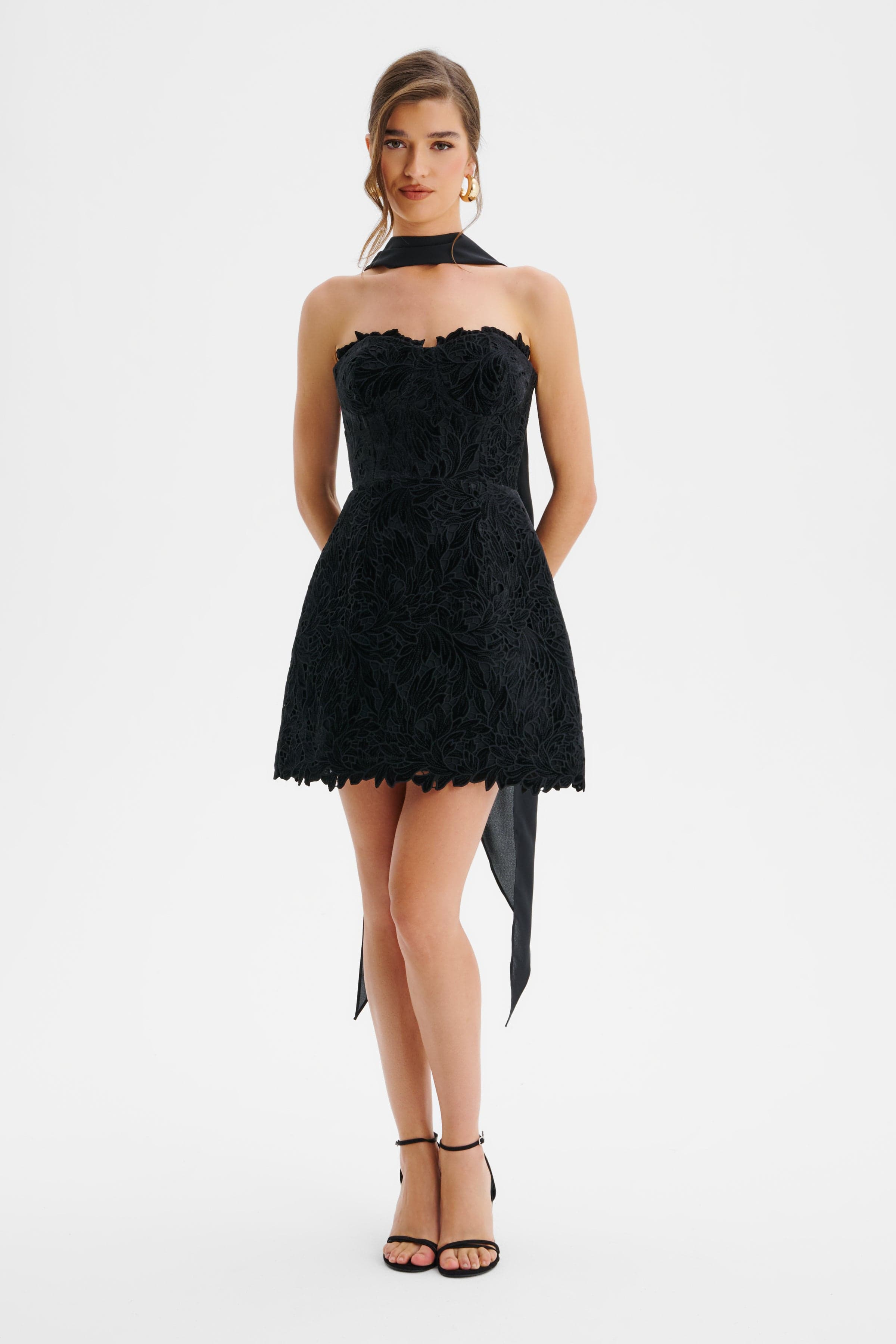 PALOMA Velvet Guipure Lace Corset Mini Dress In Black