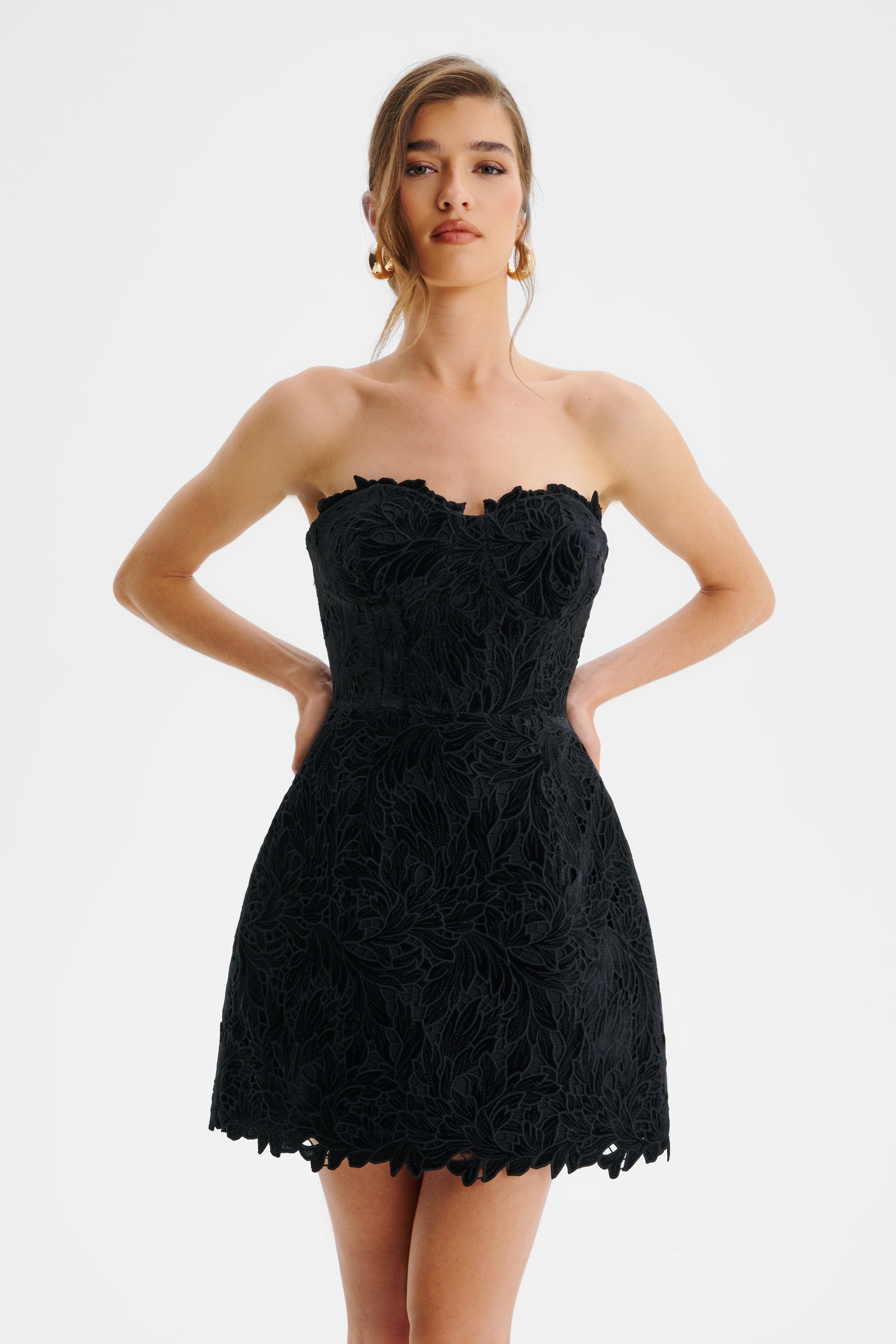 PALOMA Velvet Guipure Lace Corset Mini Dress In Black