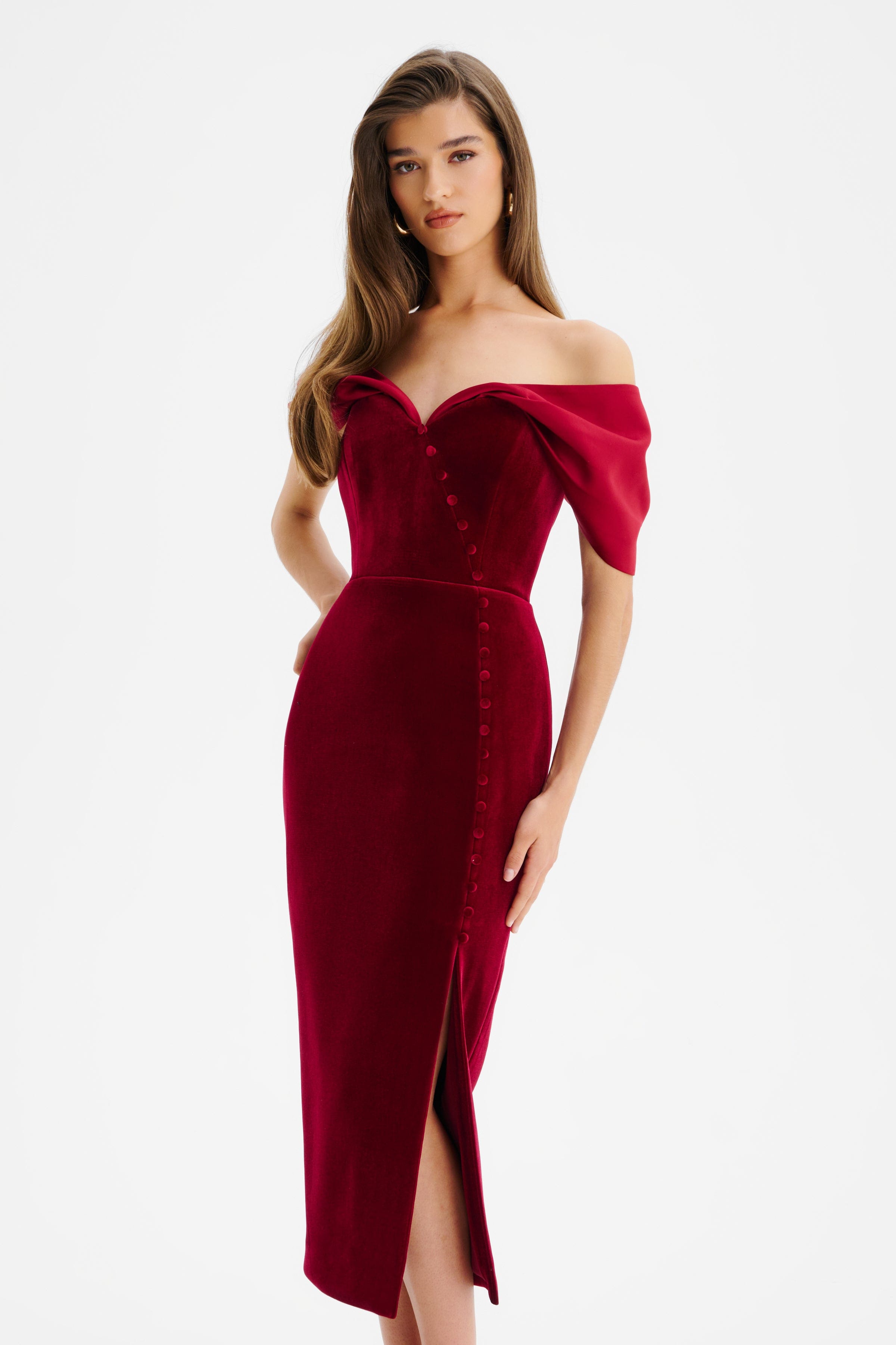NOELLE Velvet Satin Mix Bardot Midi Dress In Burgundy