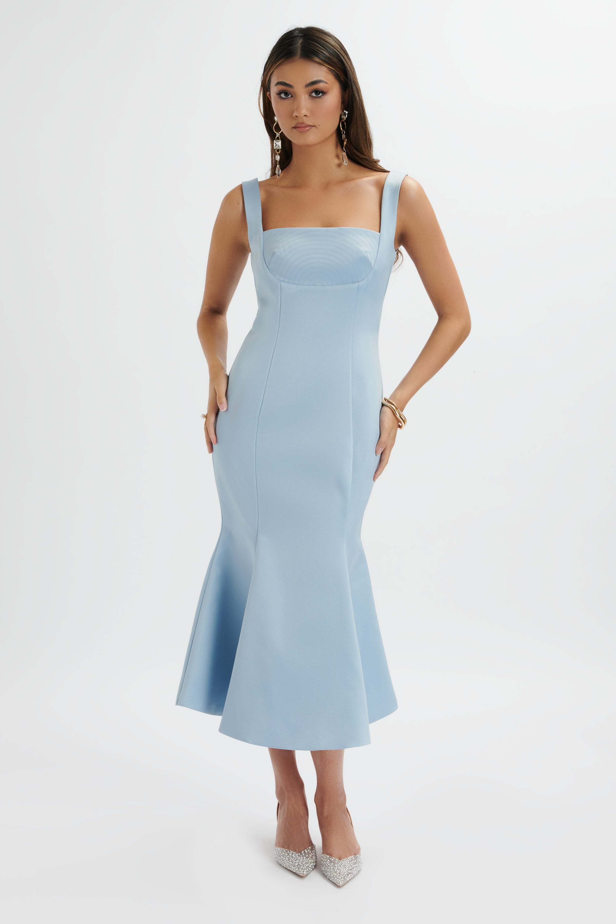 LAINEY Structured Satin Midi Slip Dress In Cornflower Blue