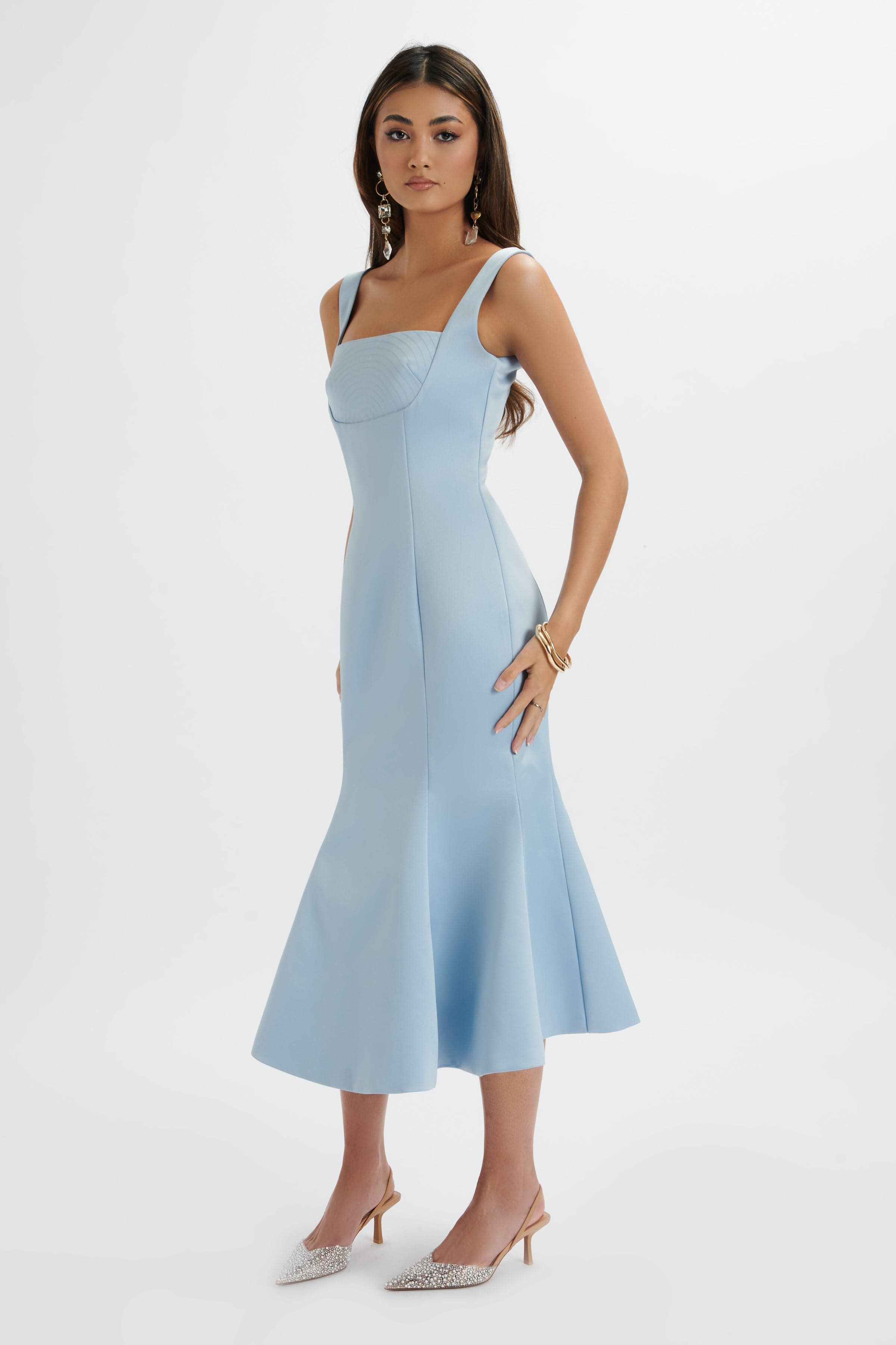LAINEY Structured Satin Midi Slip Dress In Cornflower Blue