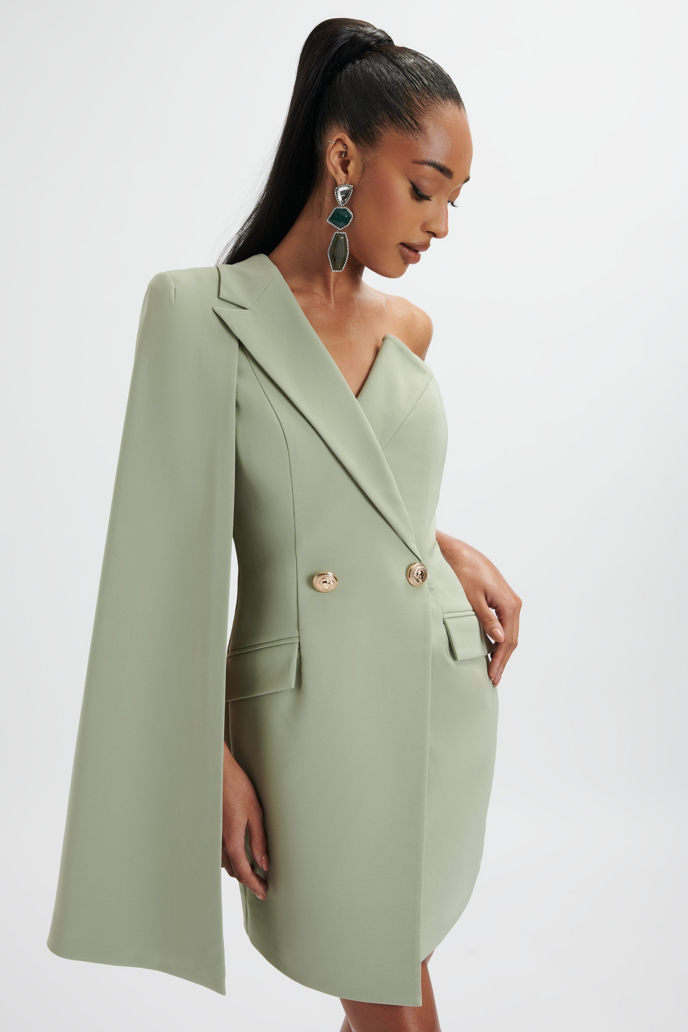 AIRE One Shoulder Cape Blazer Dress in Sage Green
