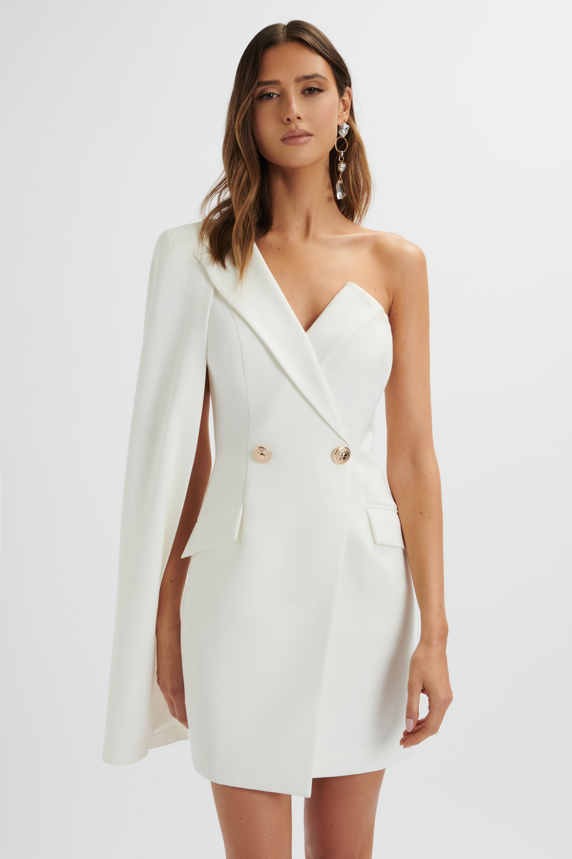 AIRE One Shoulder Cape Blazer Dress In White