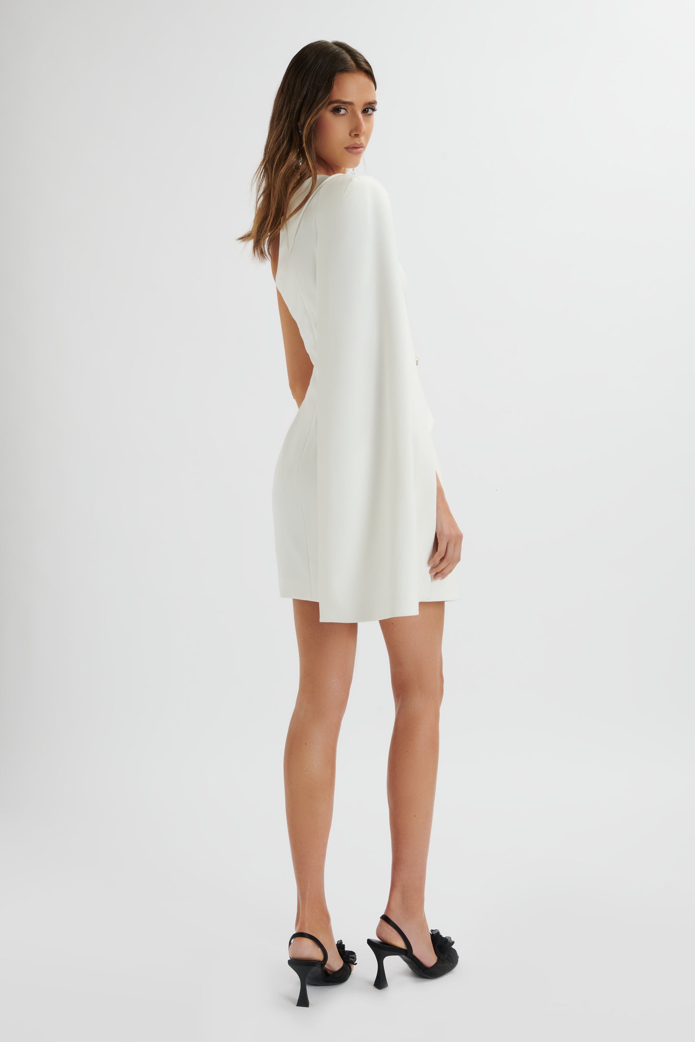 AIRE One Shoulder Cape Blazer Dress In White