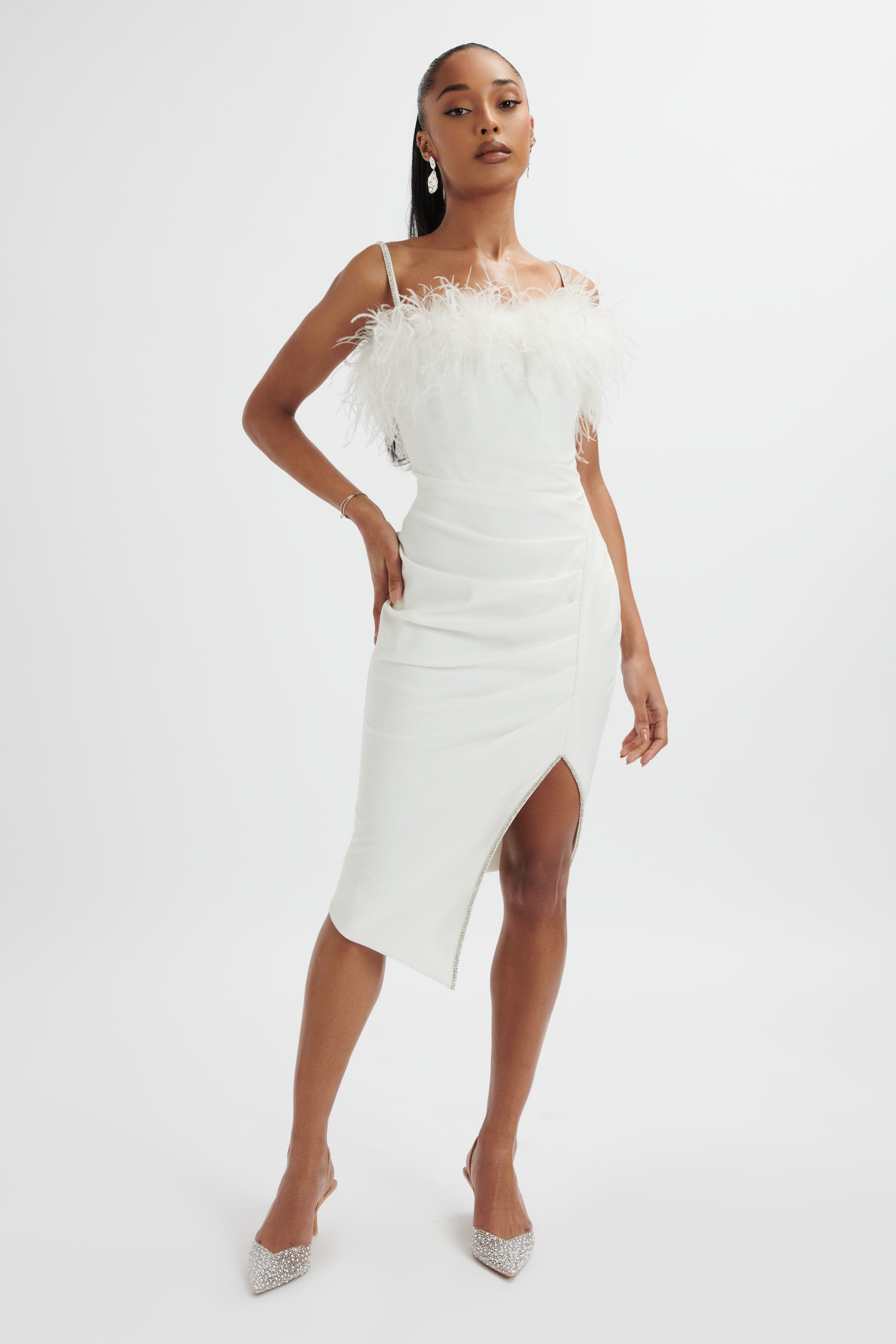 JESSICA Feather Bandeau Pleated Midi Dress In White