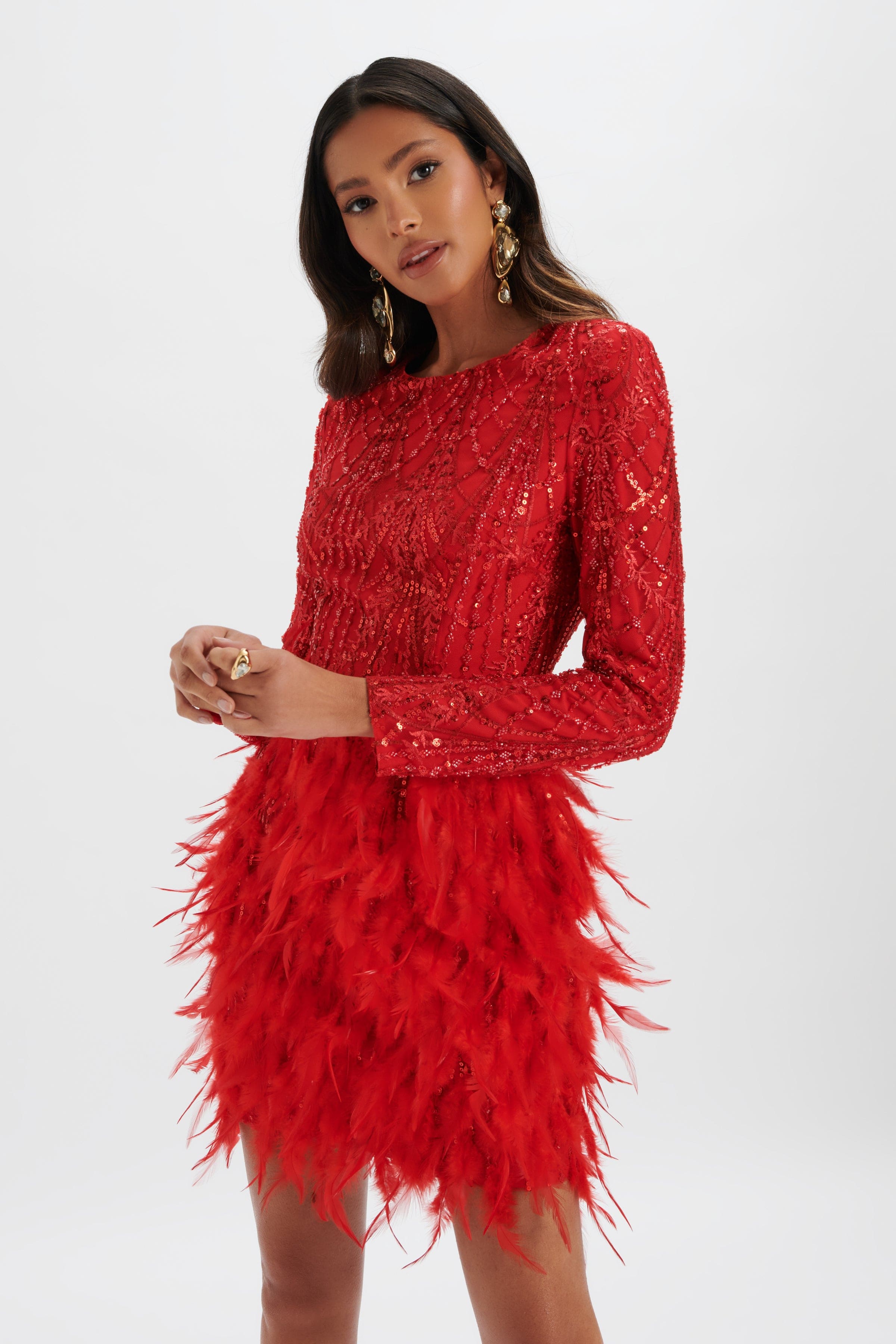 SELENE Embellished Feather Mini Dress In Red