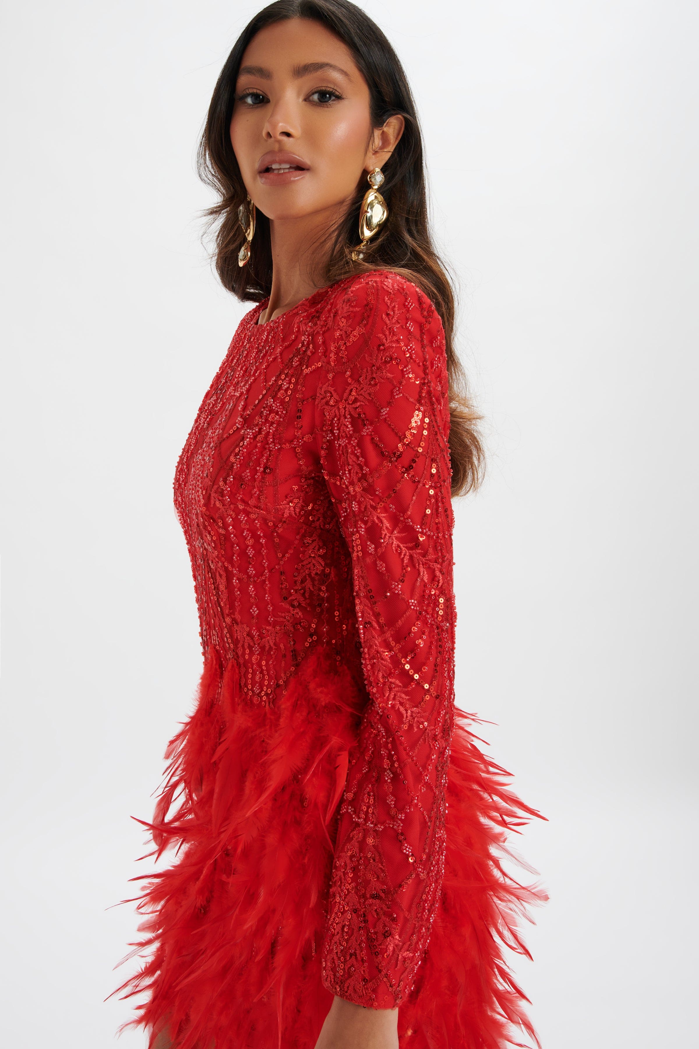 SELENE Embellished Feather Mini Dress In Red