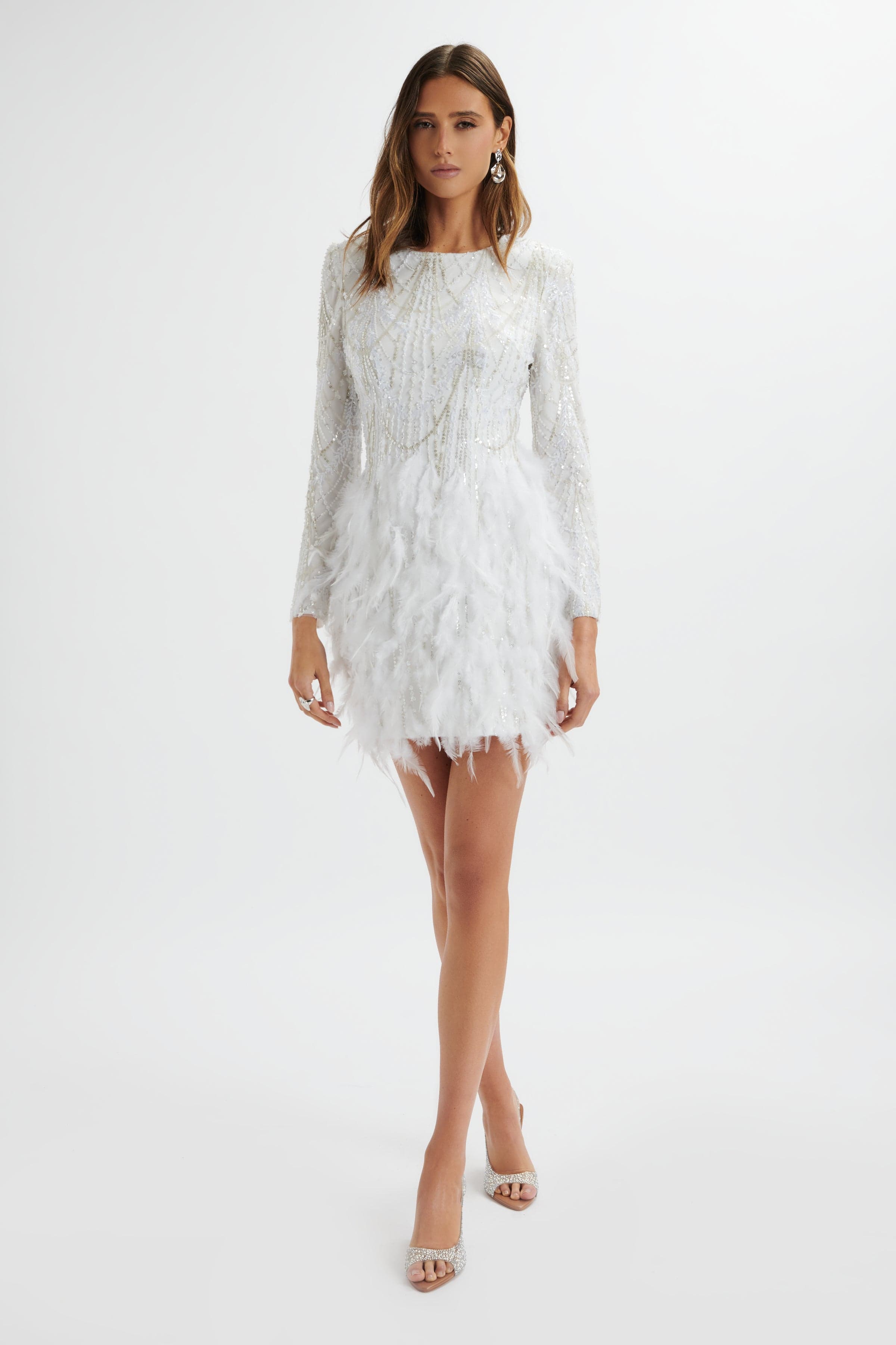 SELENE Embellished Feather Mini Dress In White