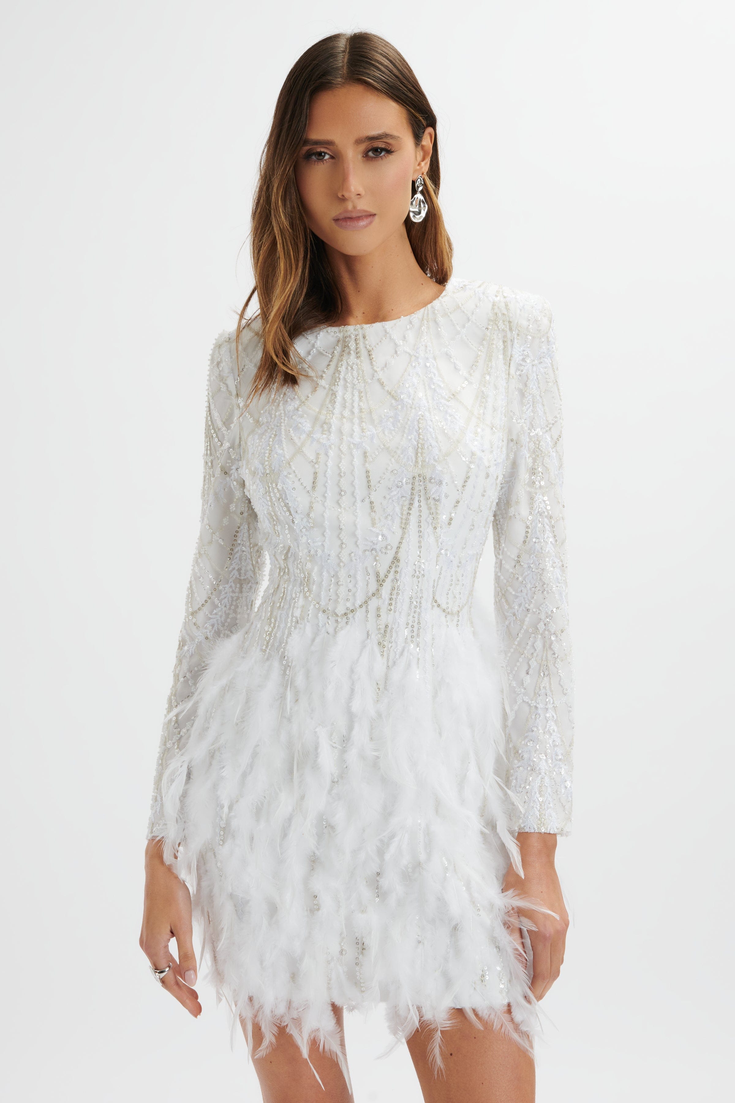 SELENE Embellished Feather Mini Dress In White