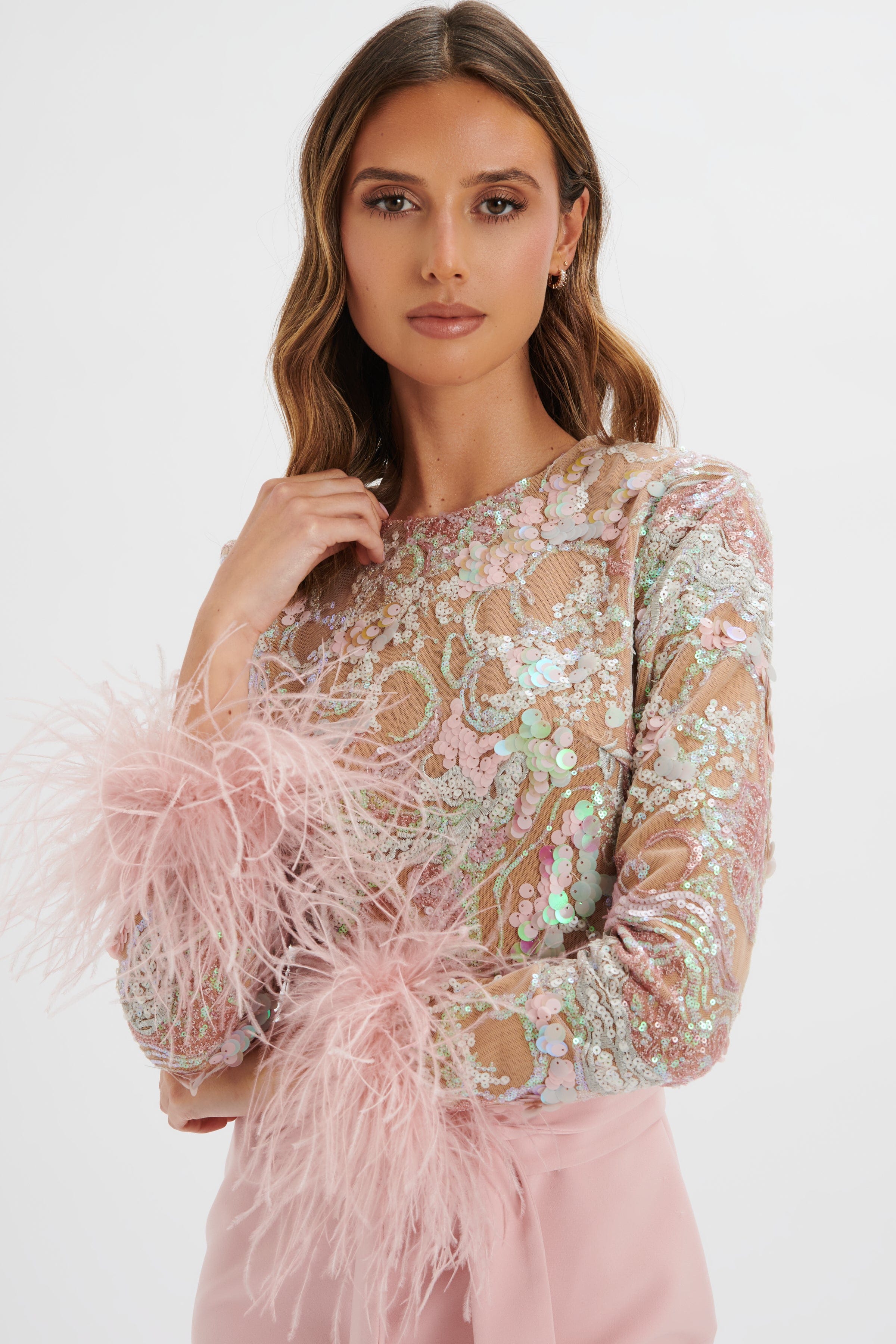 MEDINA Embellished Feather Cuff Mini Dress in Pink