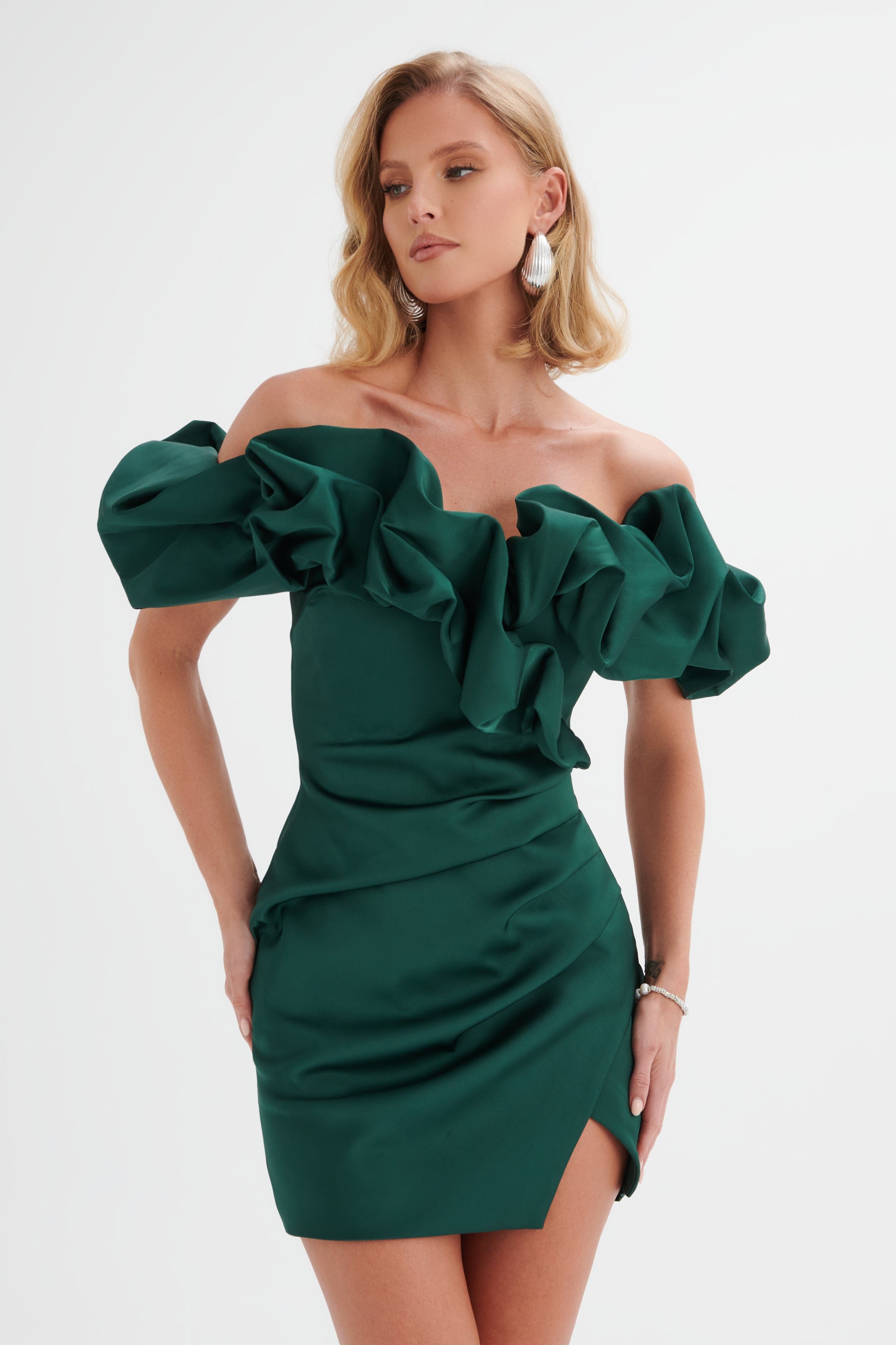 PRE-ORDER CARRIE Bonded Satin Bardot Mini Dress in Emerald Green