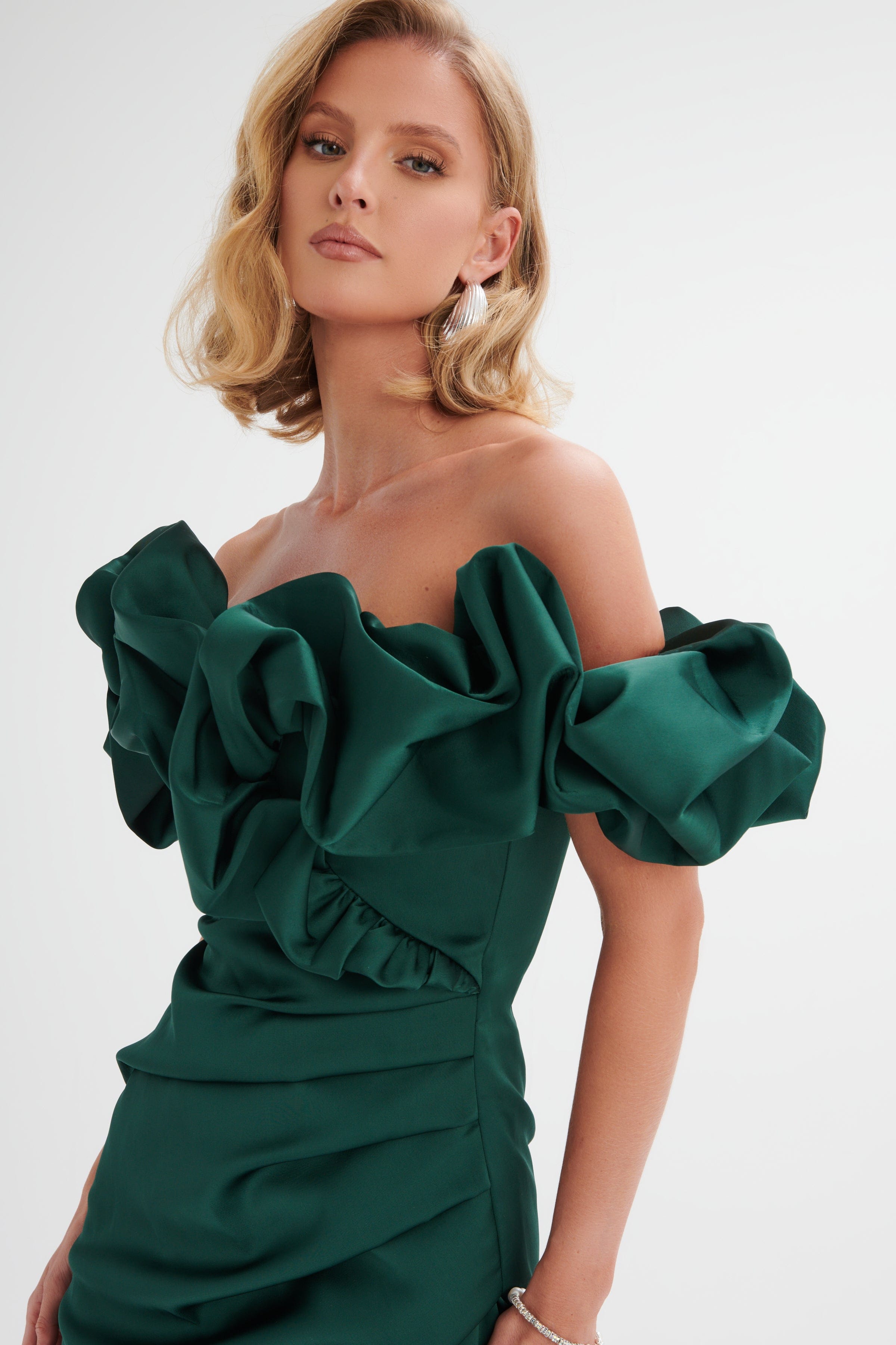 PRE-ORDER CARRIE Bonded Satin Bardot Mini Dress in Emerald Green