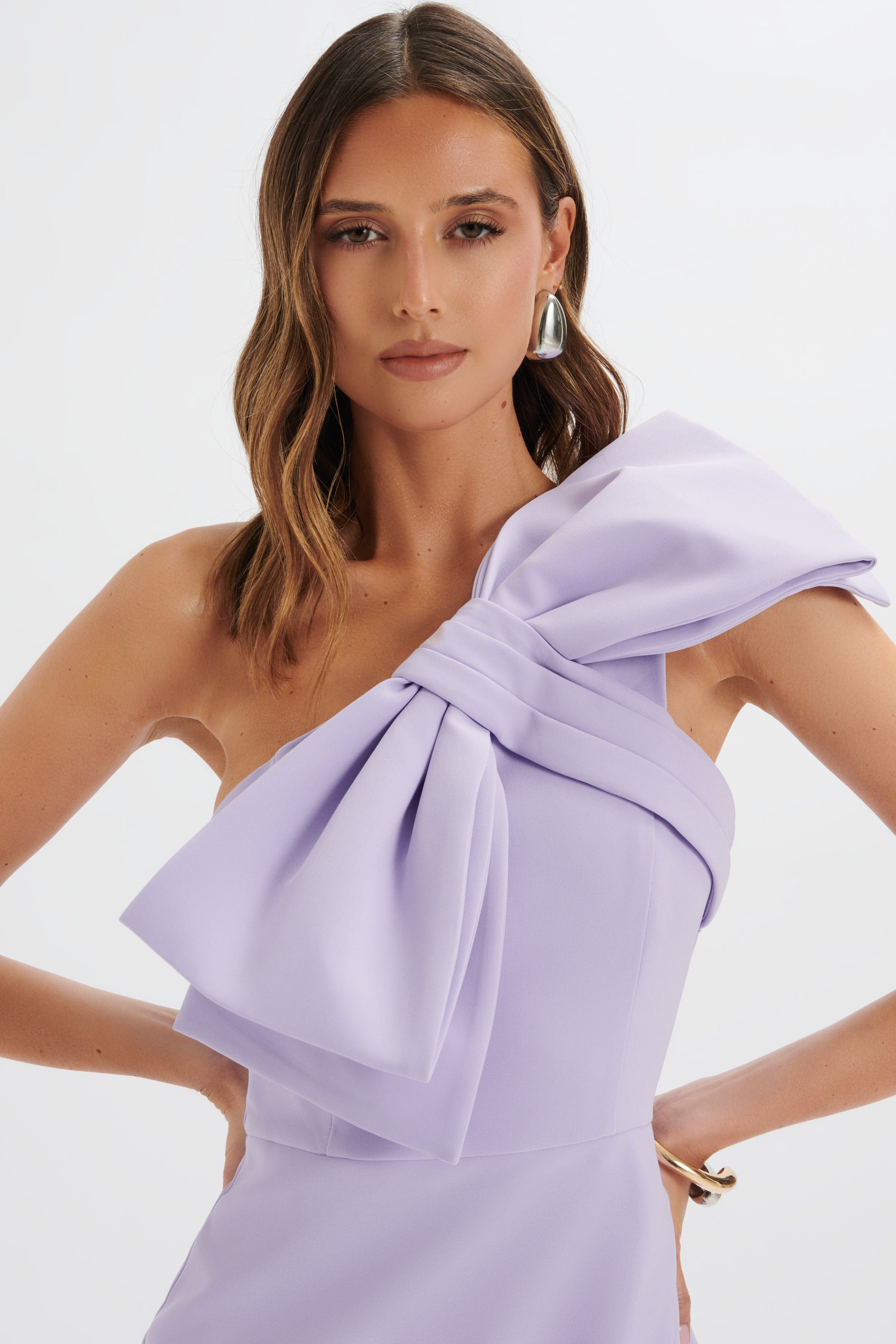 CAMERON One Shoulder Statement Bow Midi Dress in Lilac