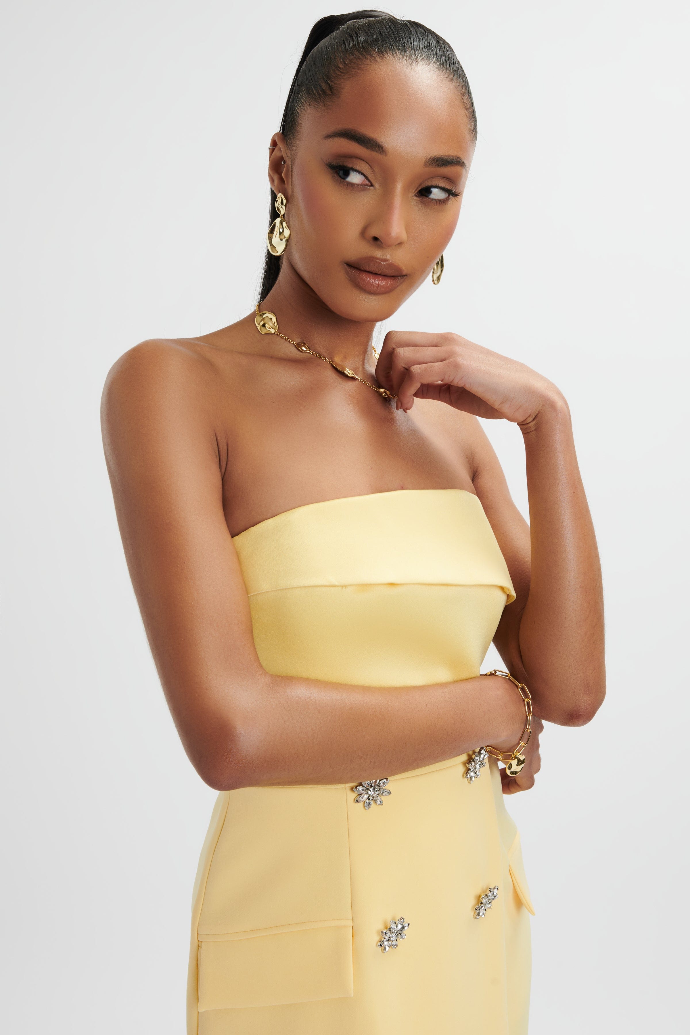 FLUER Bandeau Tailored Midi Dress In Pastel Yellow