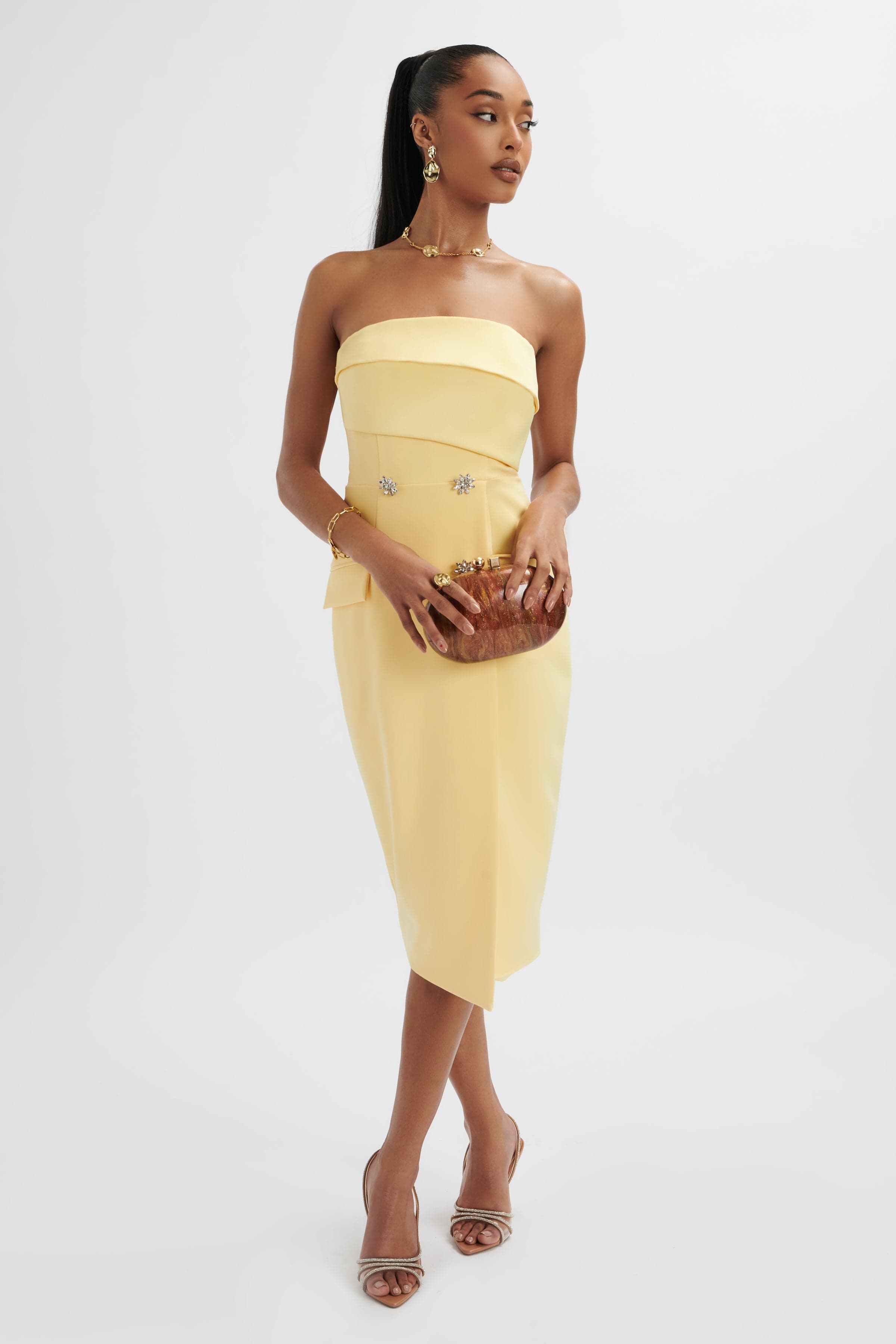 FLUER Bandeau Tailored Midi Dress In Pastel Yellow