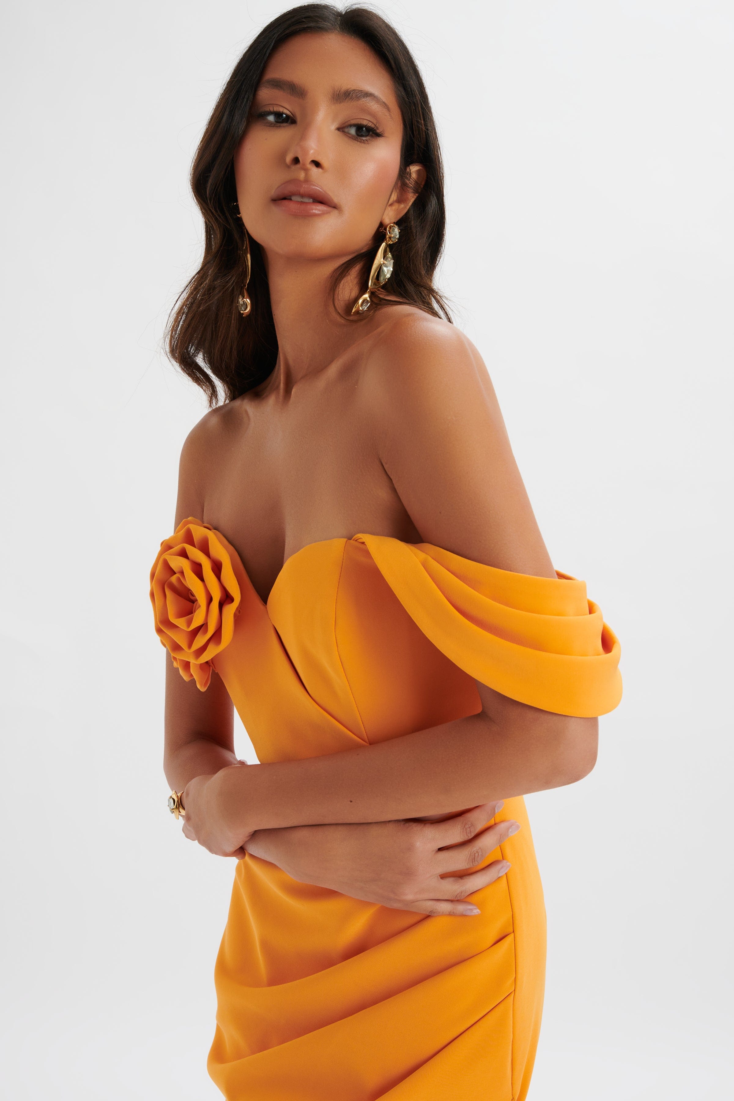 ZAMIRA 3D Flower Detail Off Shoulder Midi Dress in Orange