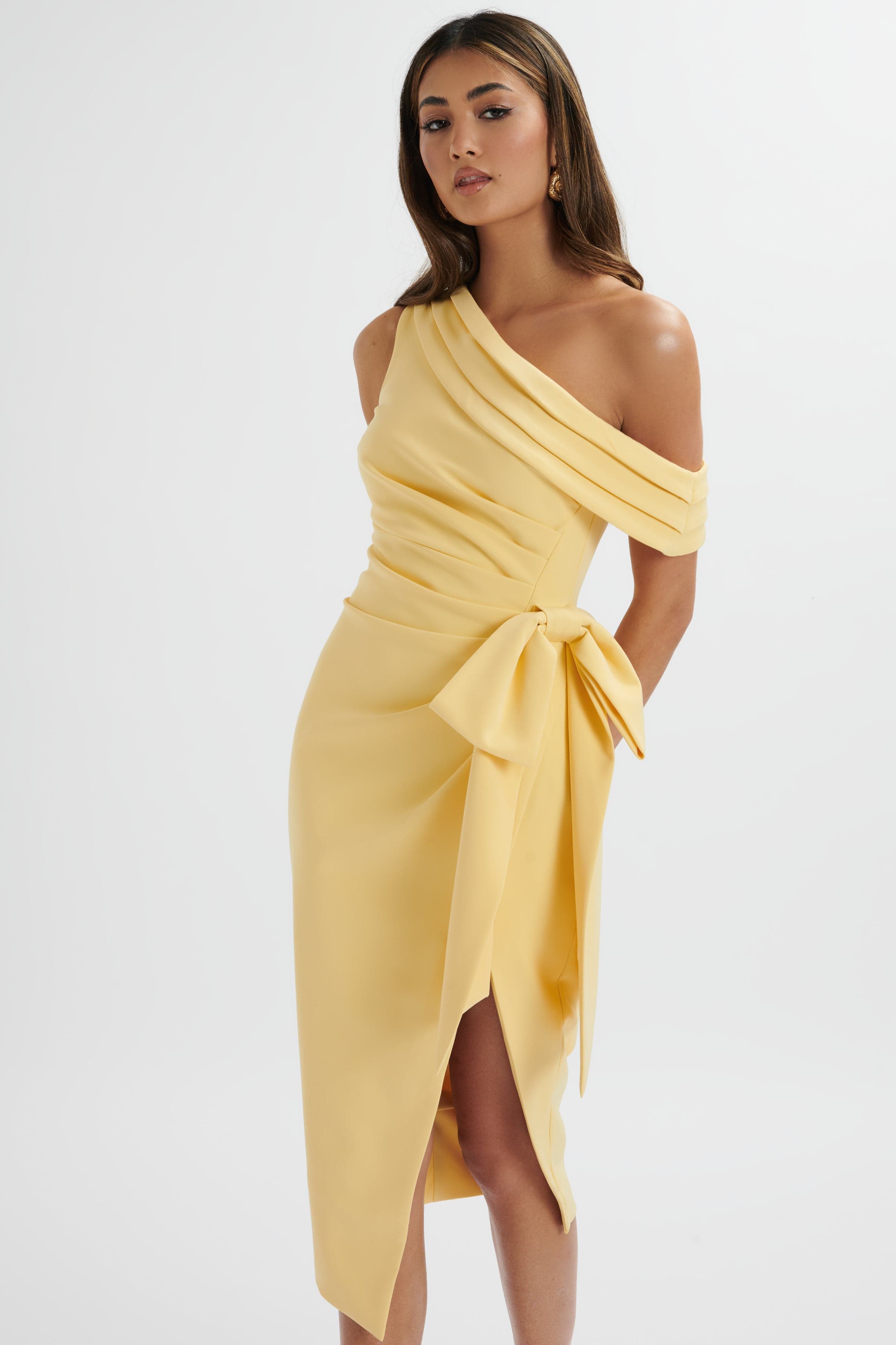 HONEY Asymmetric Pleated Bow Midi Dress In Pastel Yellow