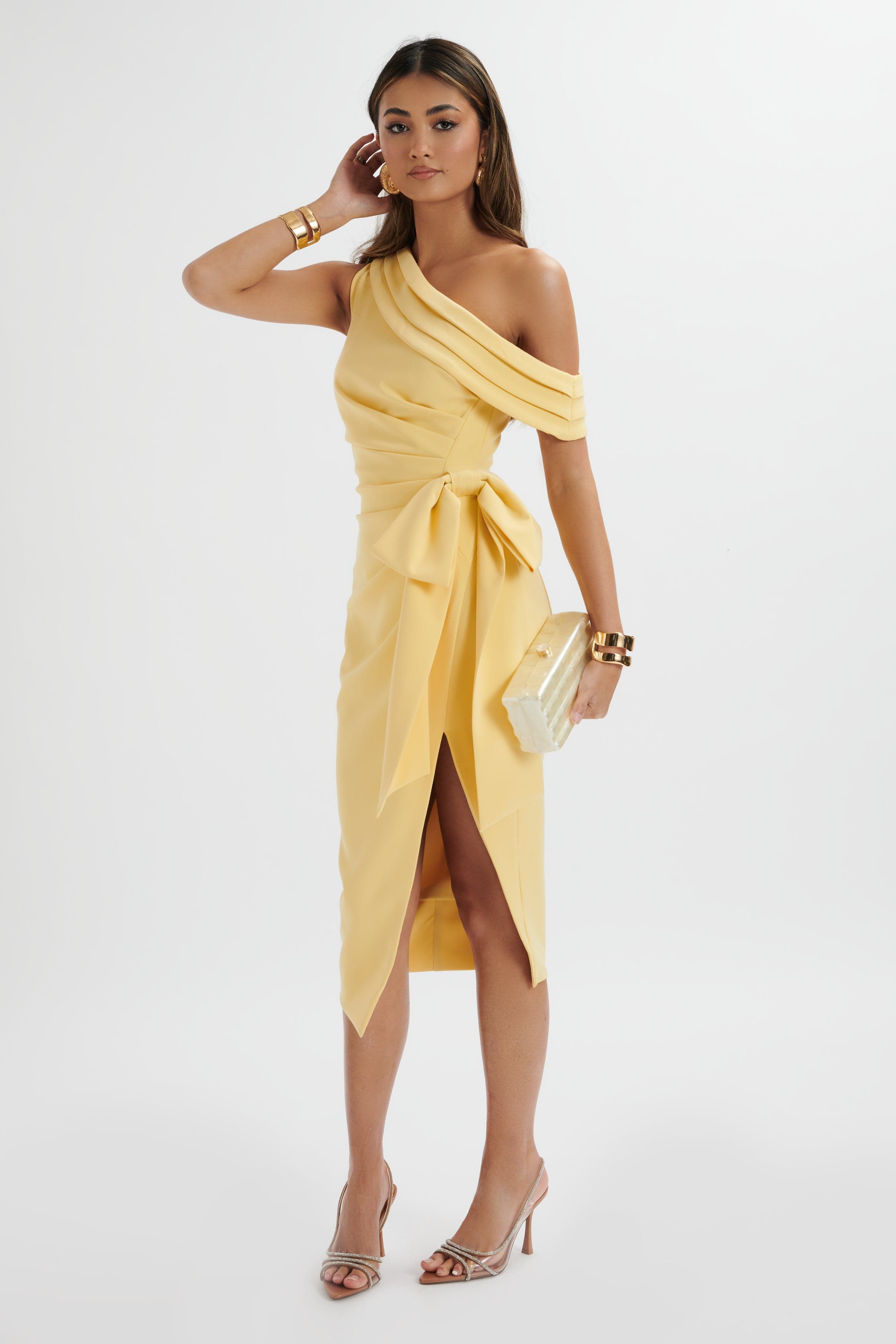 **PRE-ORDER** HONEY Asymmetric Pleated Bow Midi Dress In Pastel Yellow