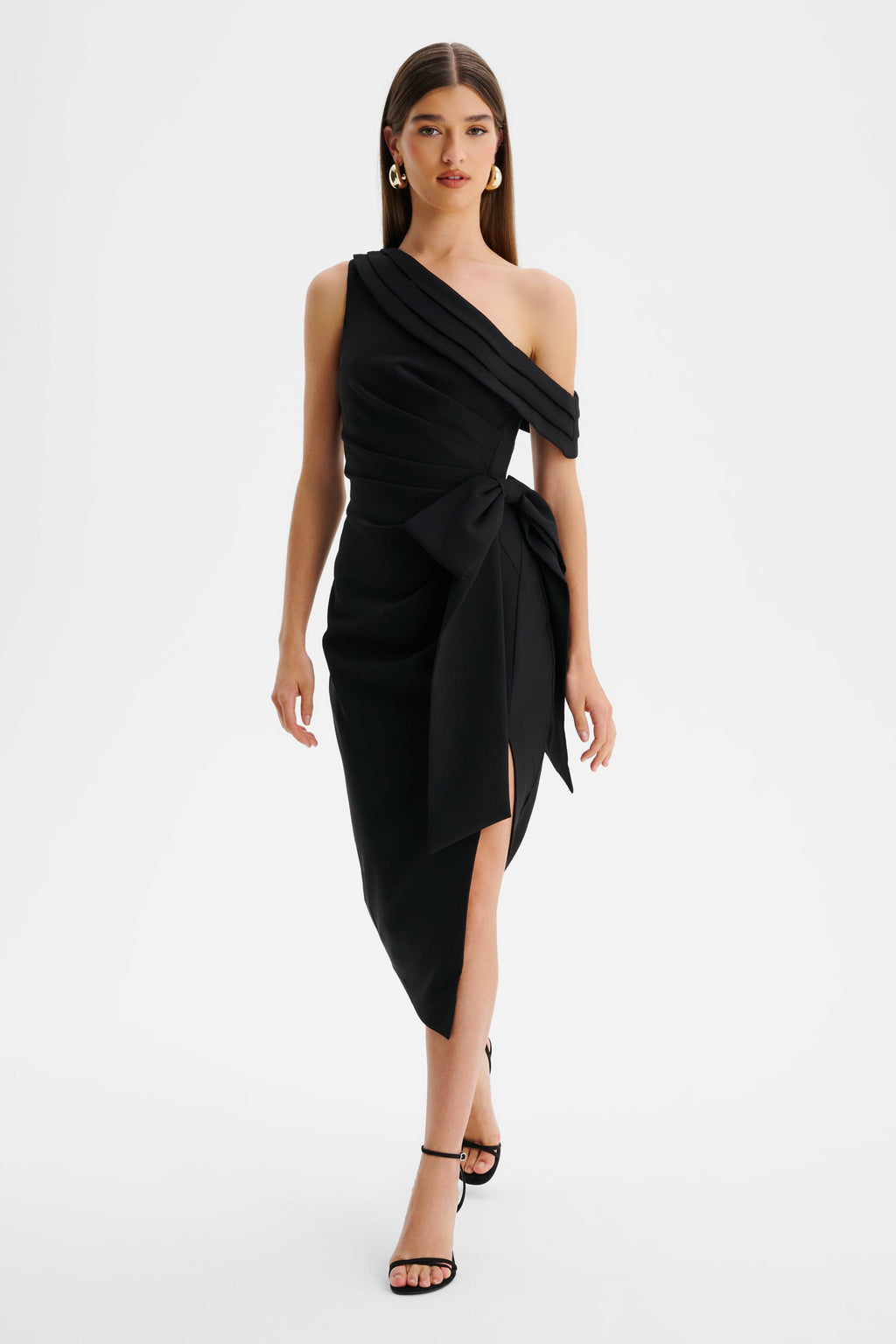 HONEY One Shoulder Pleated Bow Midi Dress