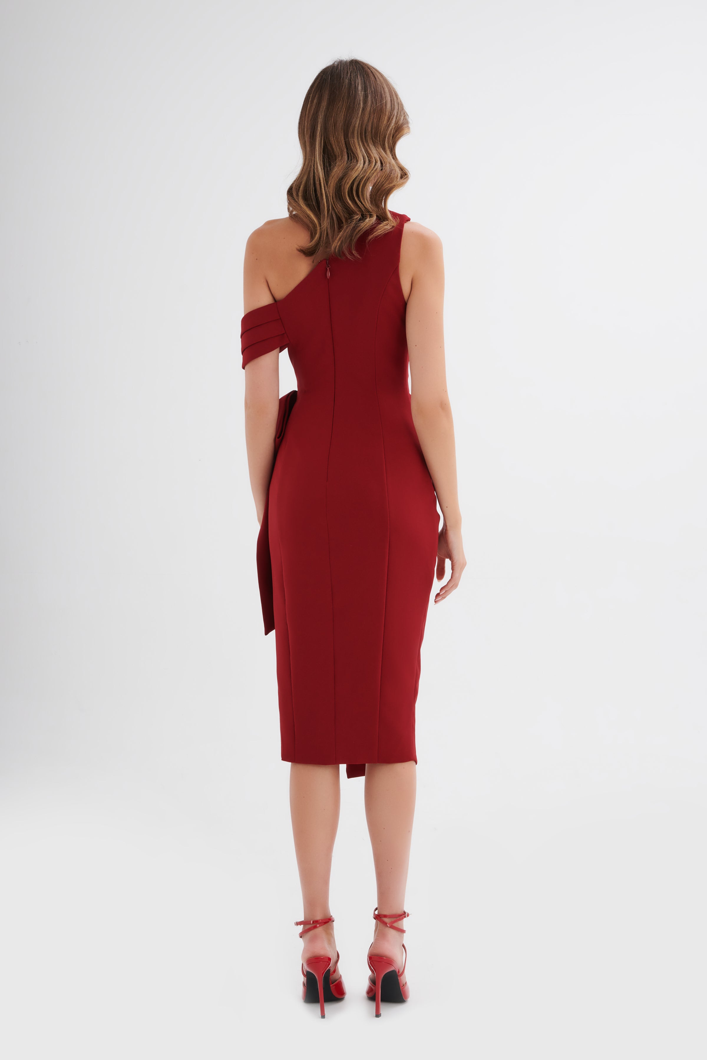 HONEY Asymmetric Pleated Bow Midi Dress in Burgundy