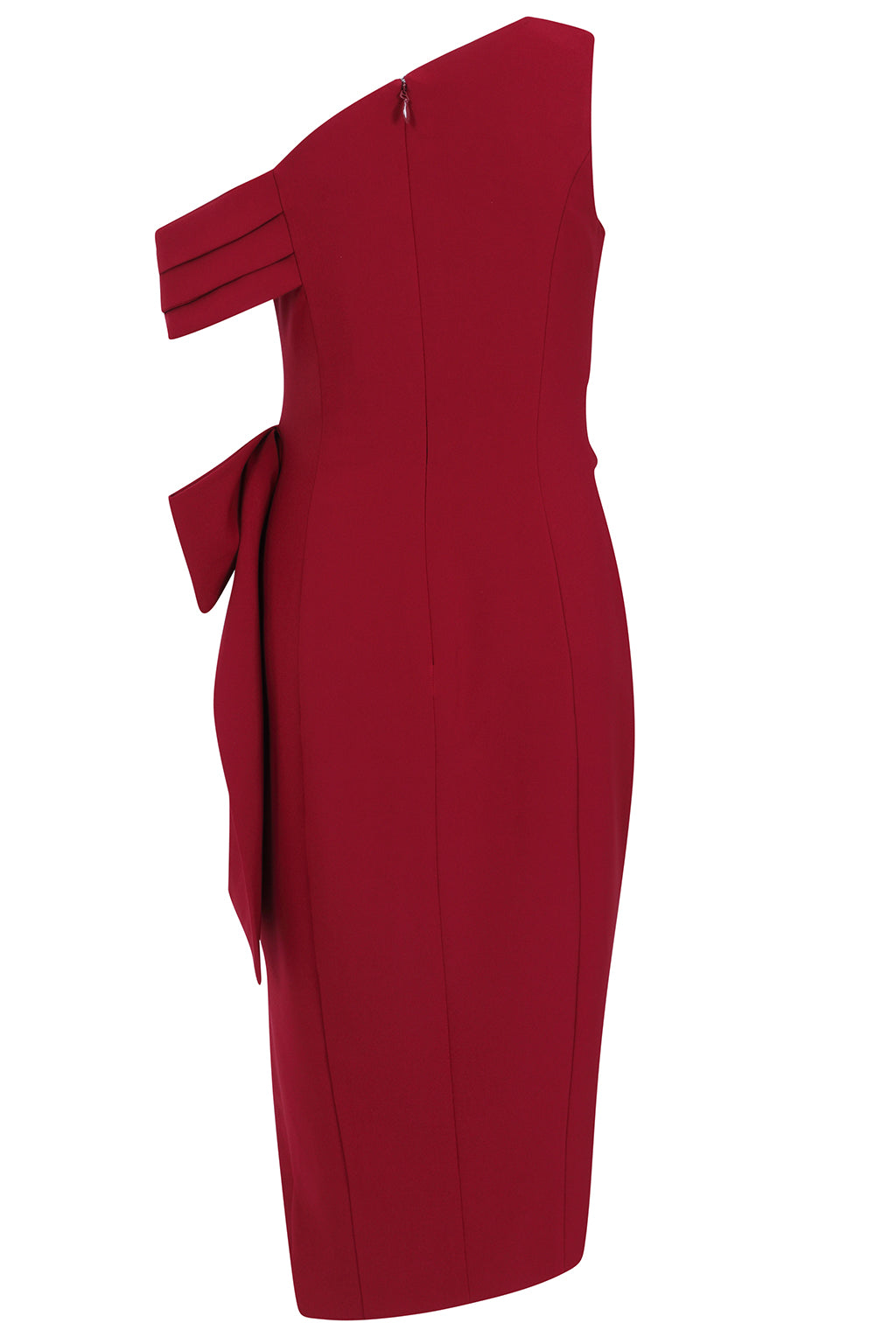 HONEY Asymmetric Pleated Bow Midi Dress in Burgundy