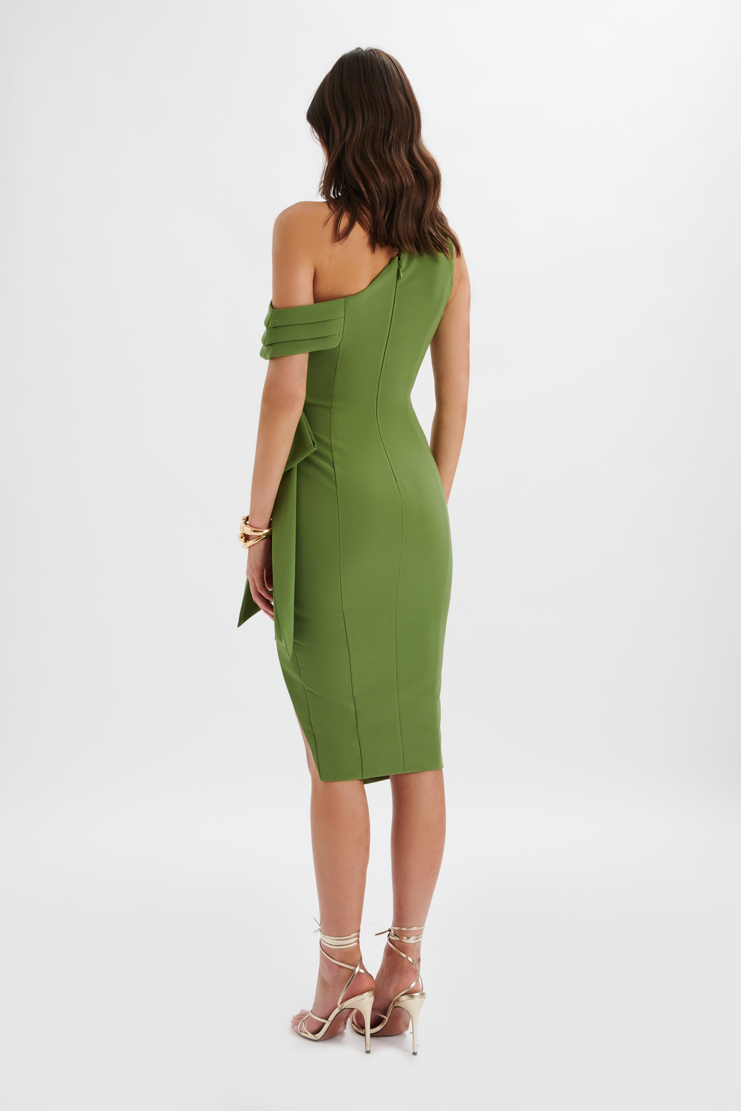 HONEY Asymmetric Pleated Bow Midi Dress in Green