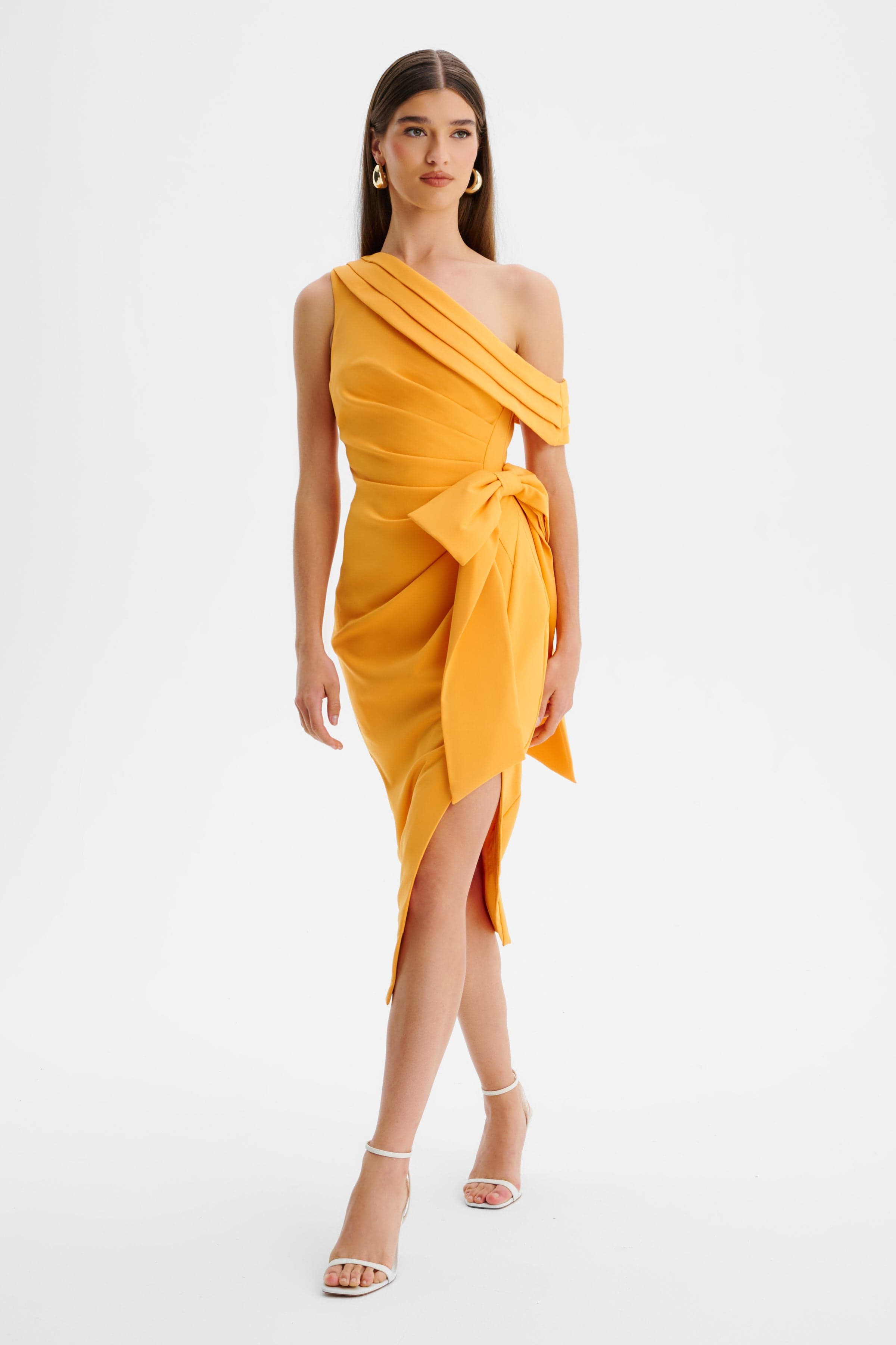 HONEY One Shoulder Pleated Bow Midi Dress in Orange