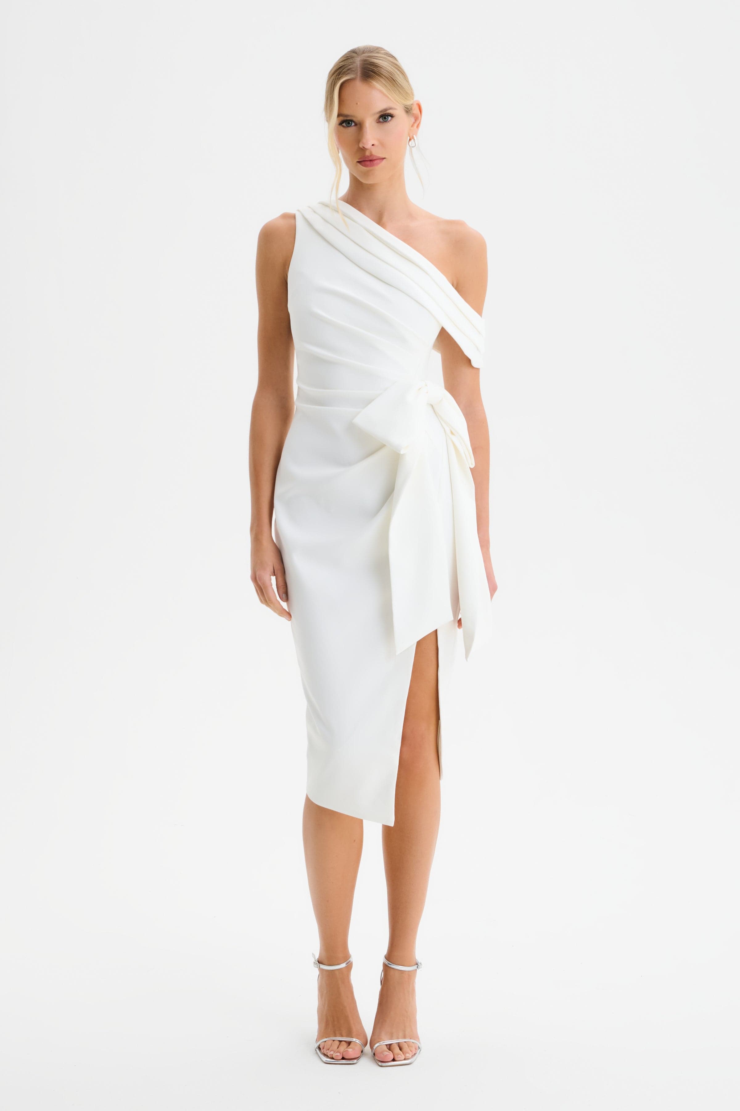 HONEY One Shoulder Pleated Bow Midi Dress in White