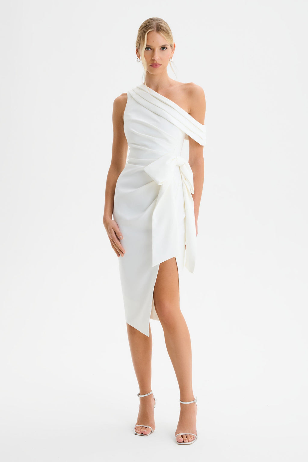 HONEY One Shoulder Pleated Bow Midi Dress