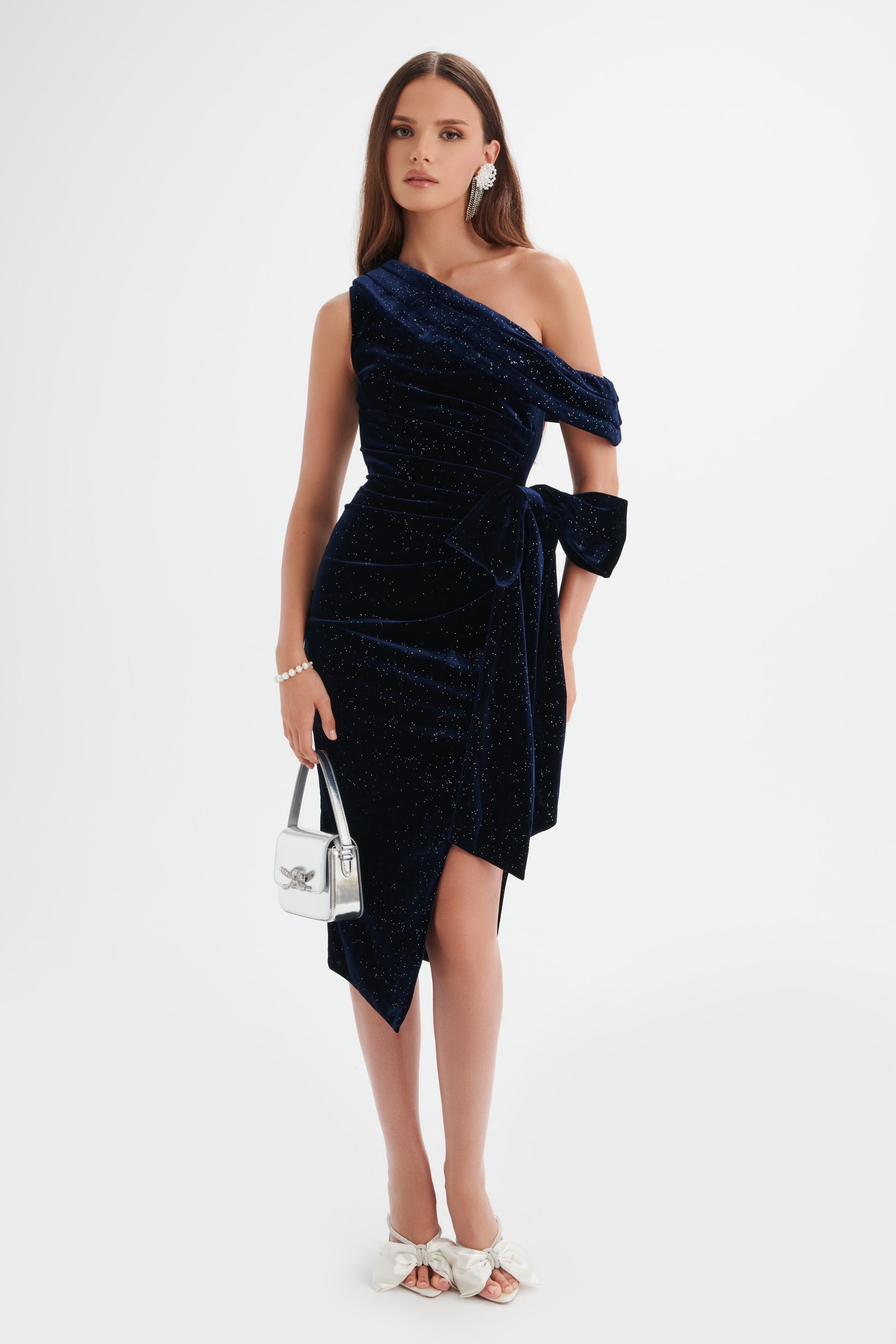 HONEY Glitter Velvet Asymmetric Pleated Bow Midi Dress in Midnight Blue