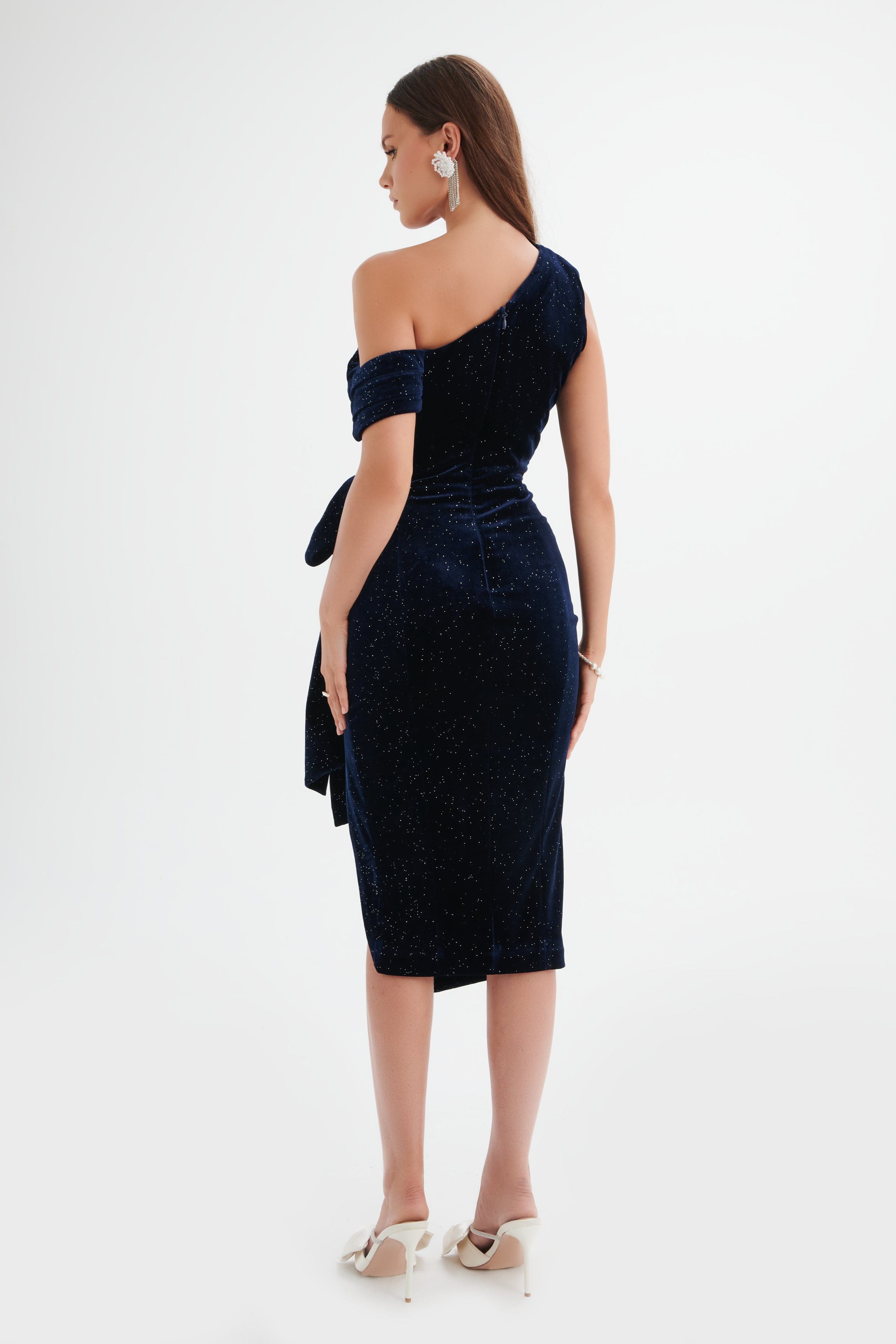 HONEY Glitter Velvet Asymmetric Pleated Bow Midi Dress in Midnight Blue