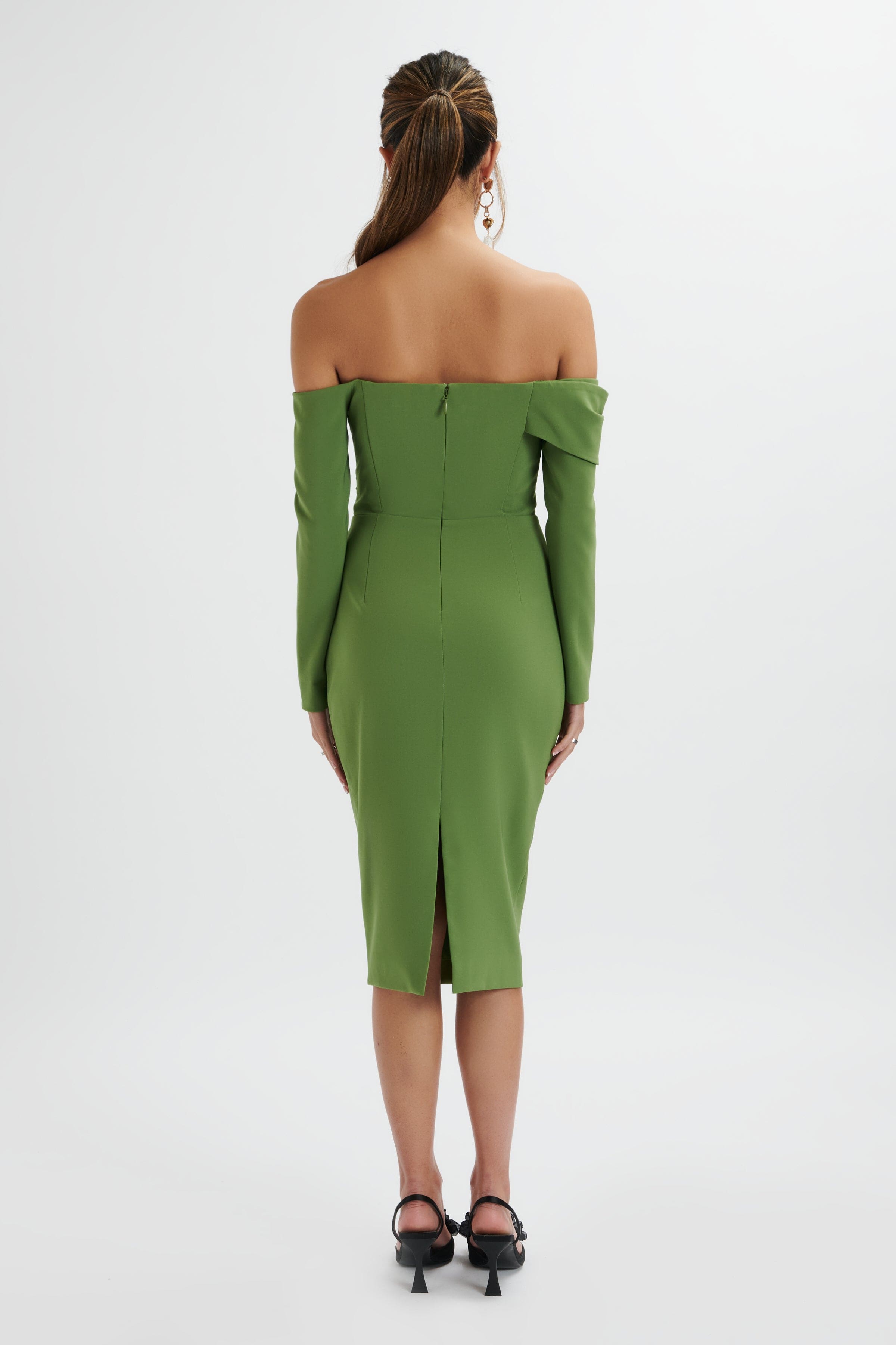 KIARA Sweetheart Neckline Bardot Midi Dress In Green