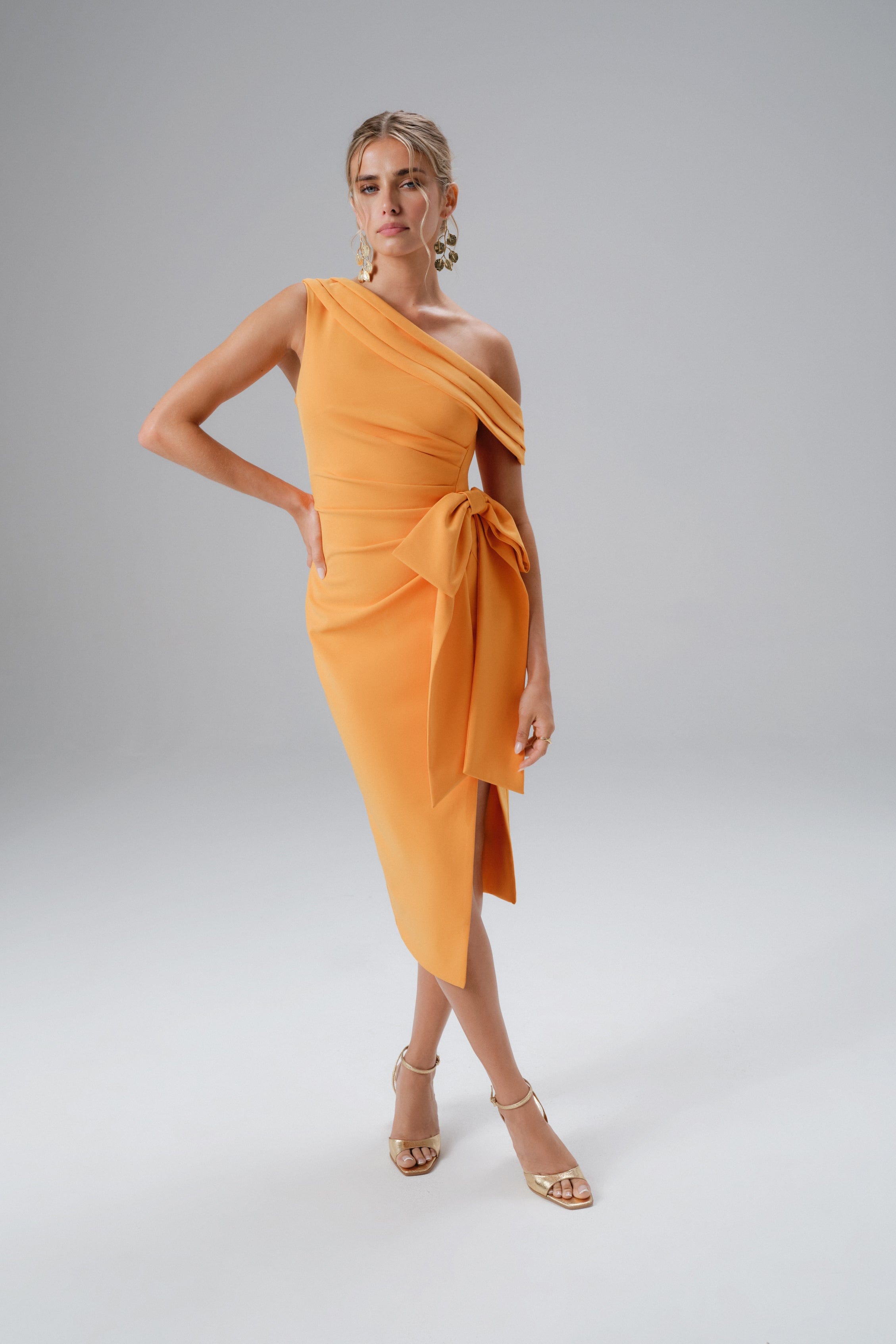 HONEY One Shoulder Pleated Bow Midi Dress in Orange