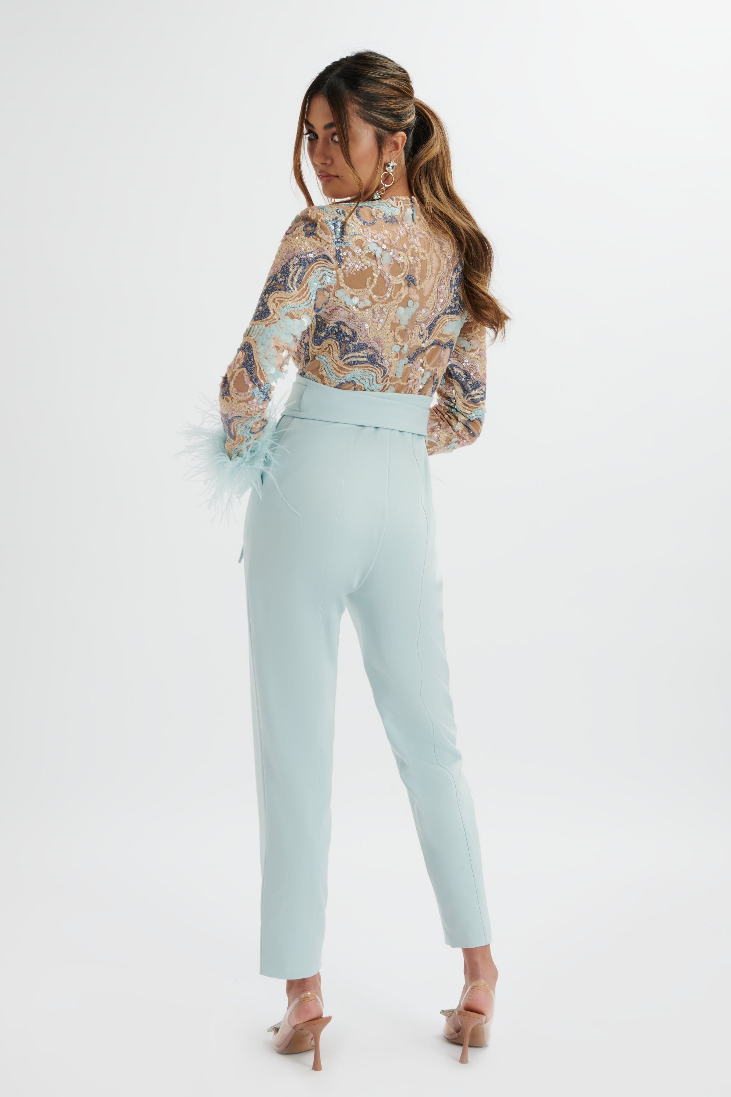 DELIA Embellished Feather Cuff Jumpsuit In Blue