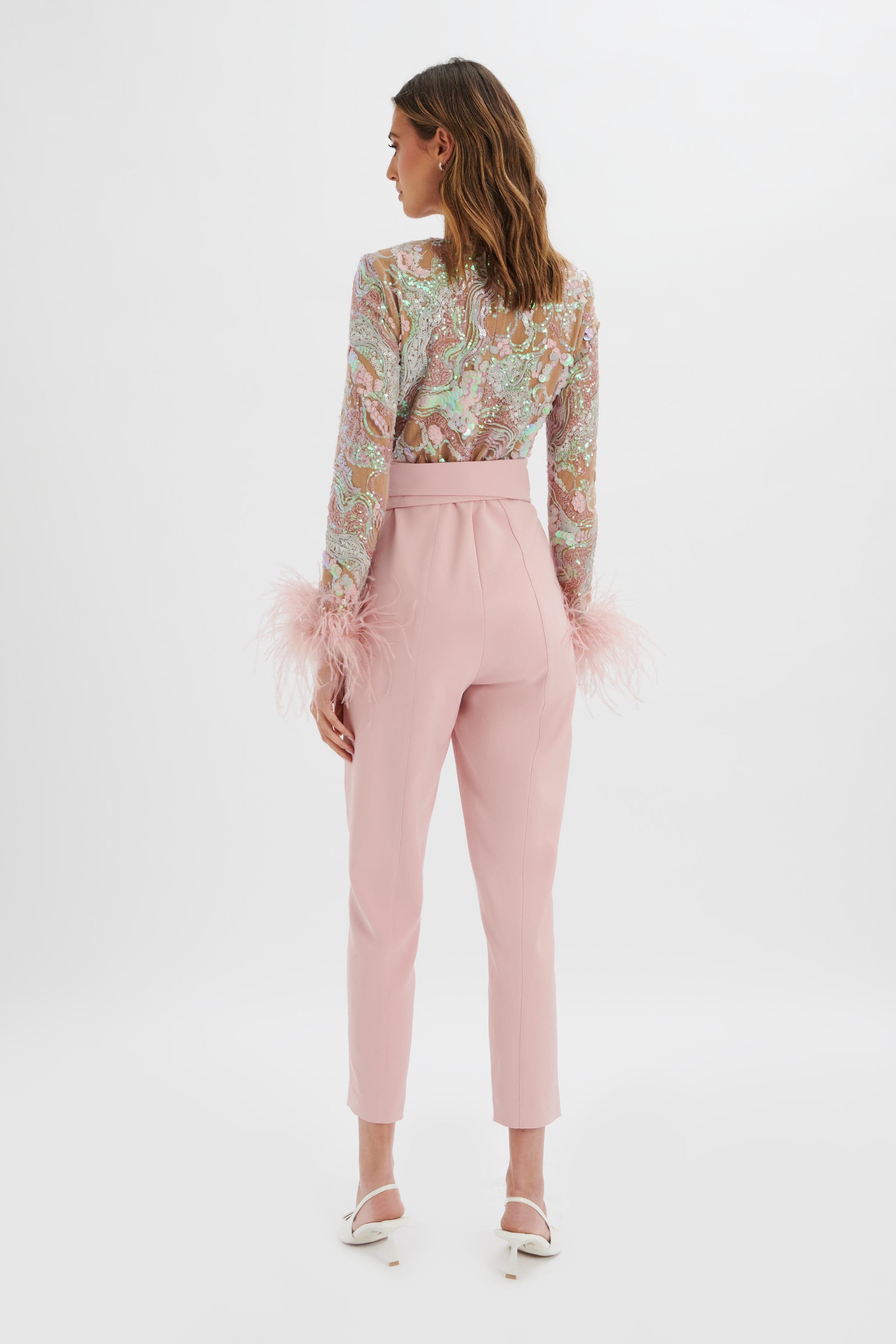 DELIA Embellished Feather Cuff Jumpsuit in Pink