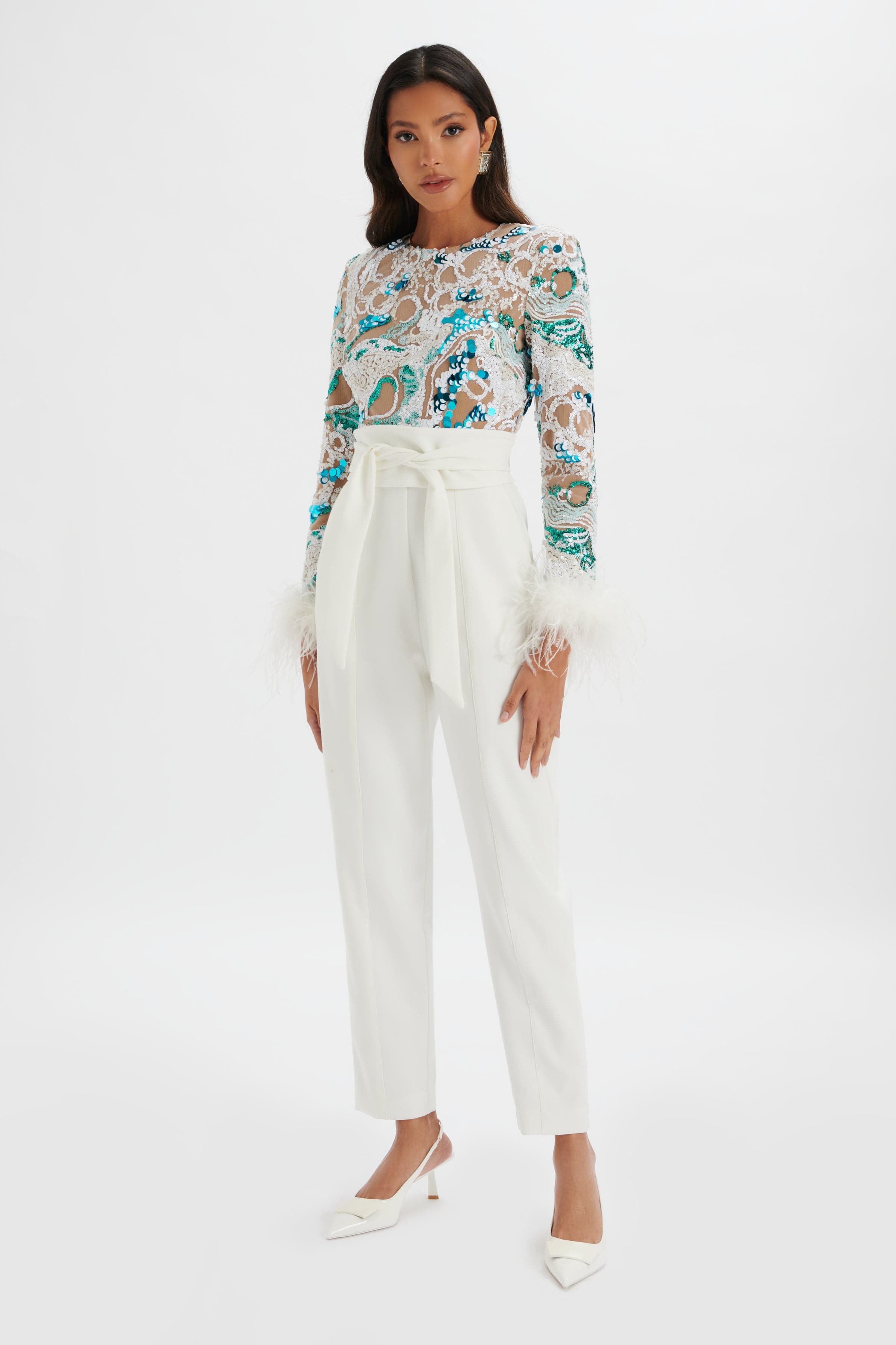 DELIA Embellished Feather Cuff Jumpsuit in White