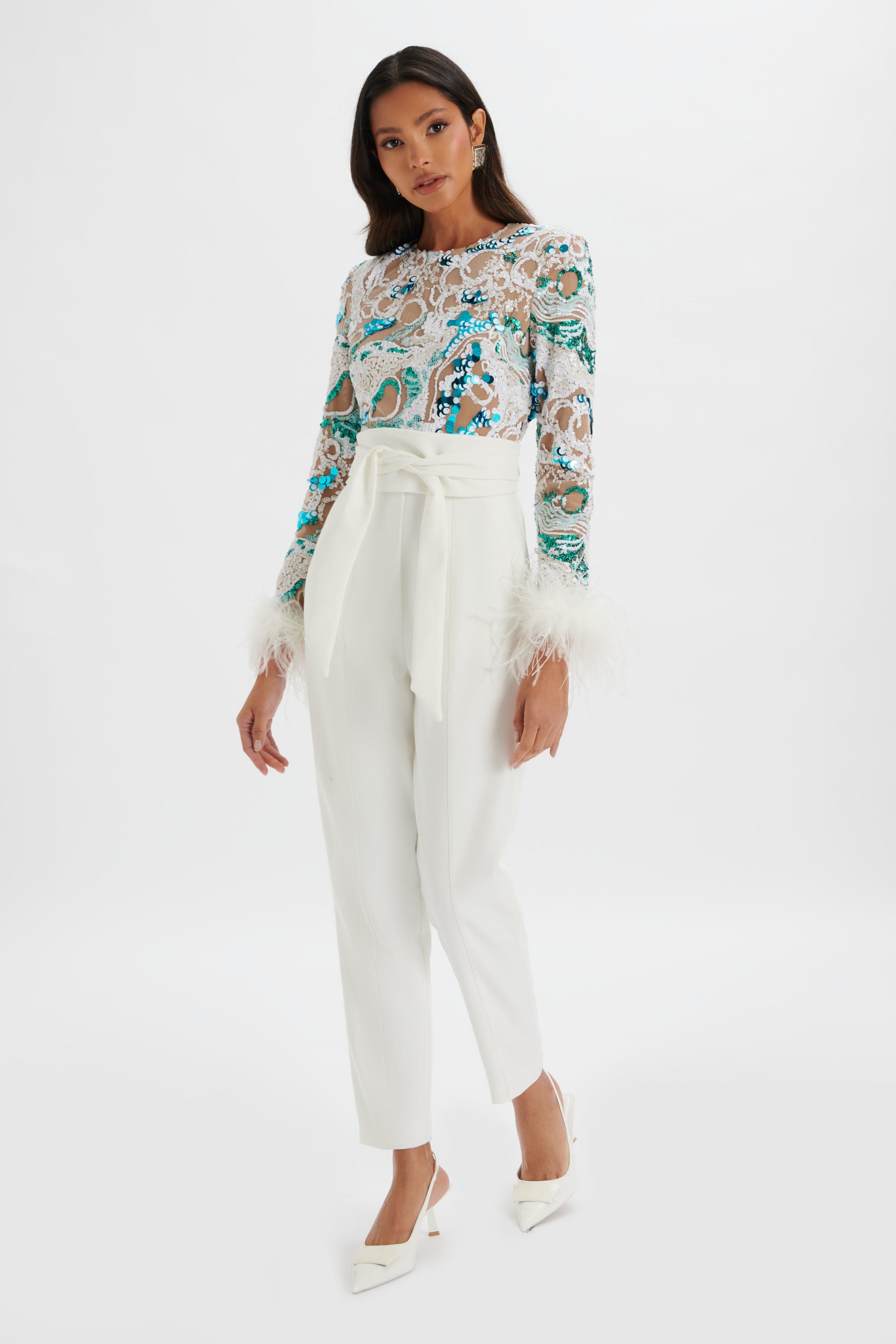 DELIA Embellished Feather Cuff Jumpsuit in White
