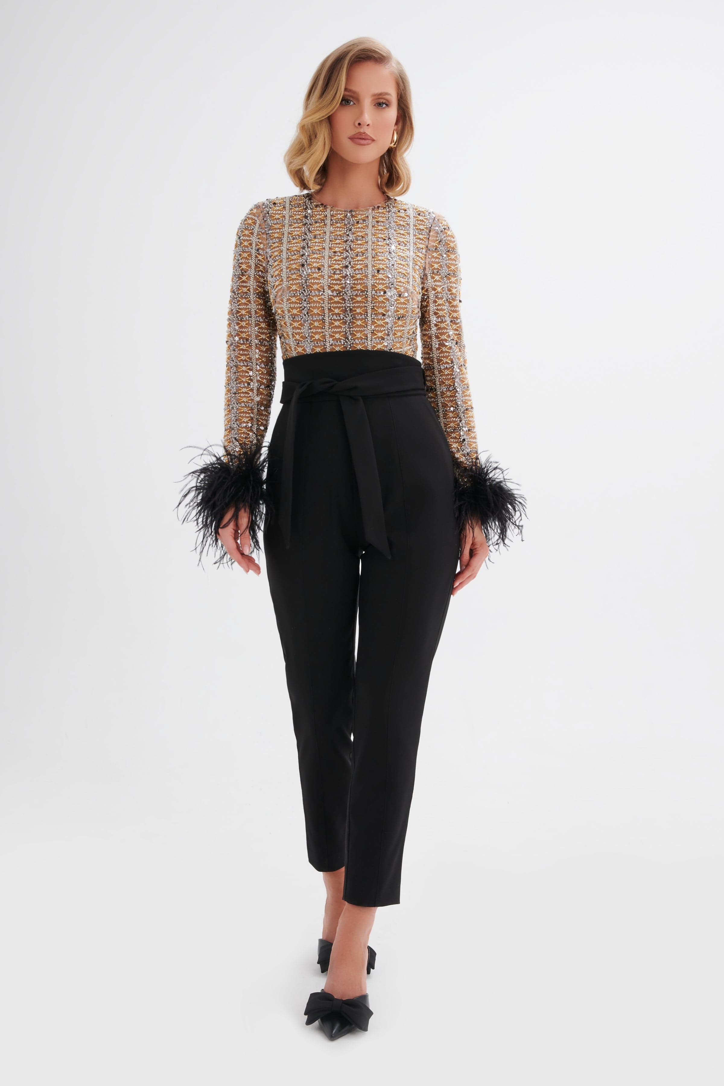 DELIA Embellished Feather Cuff Jumpsuit In Black