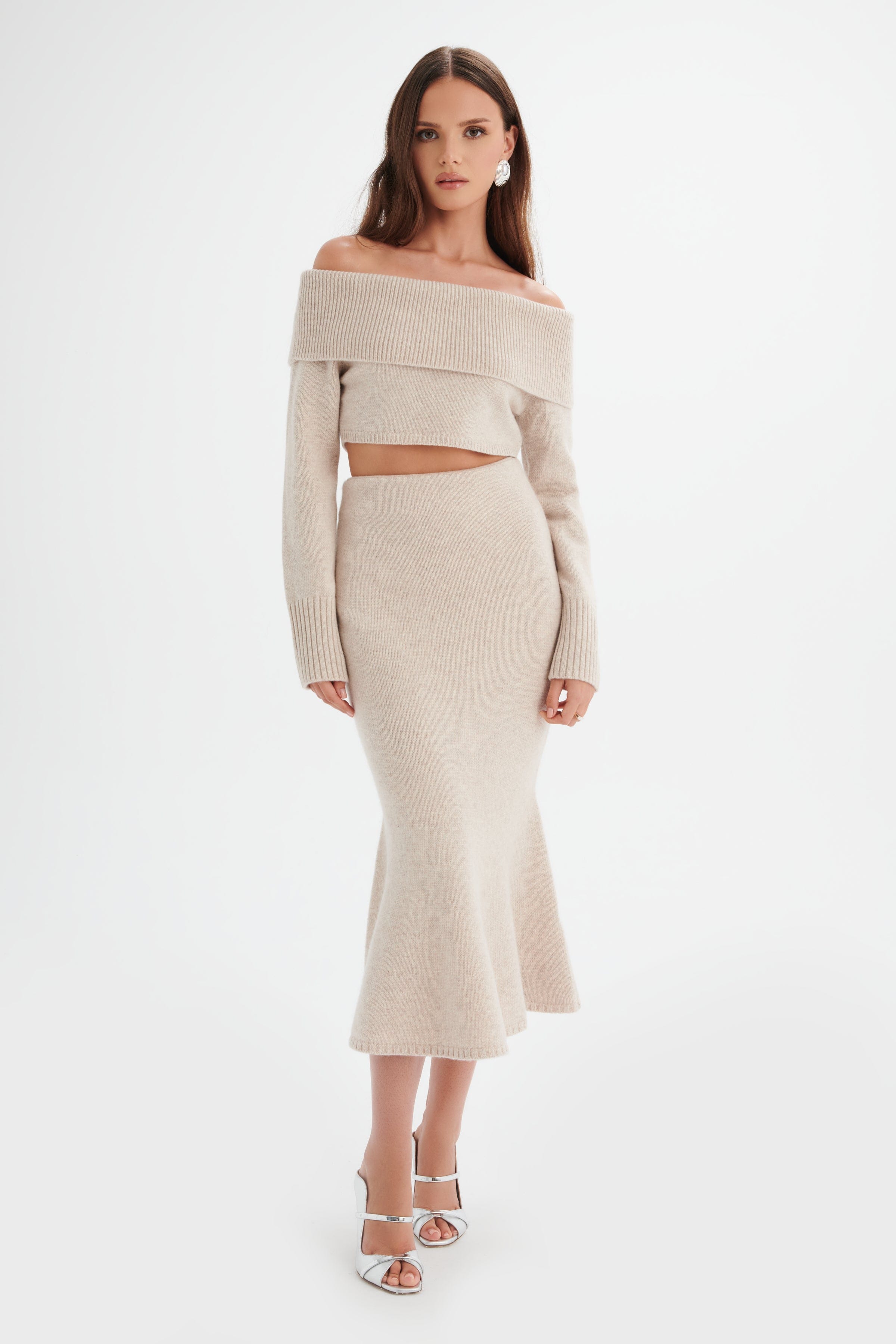 AVANI Knitted Wool Bardot Cropped Top In Stone