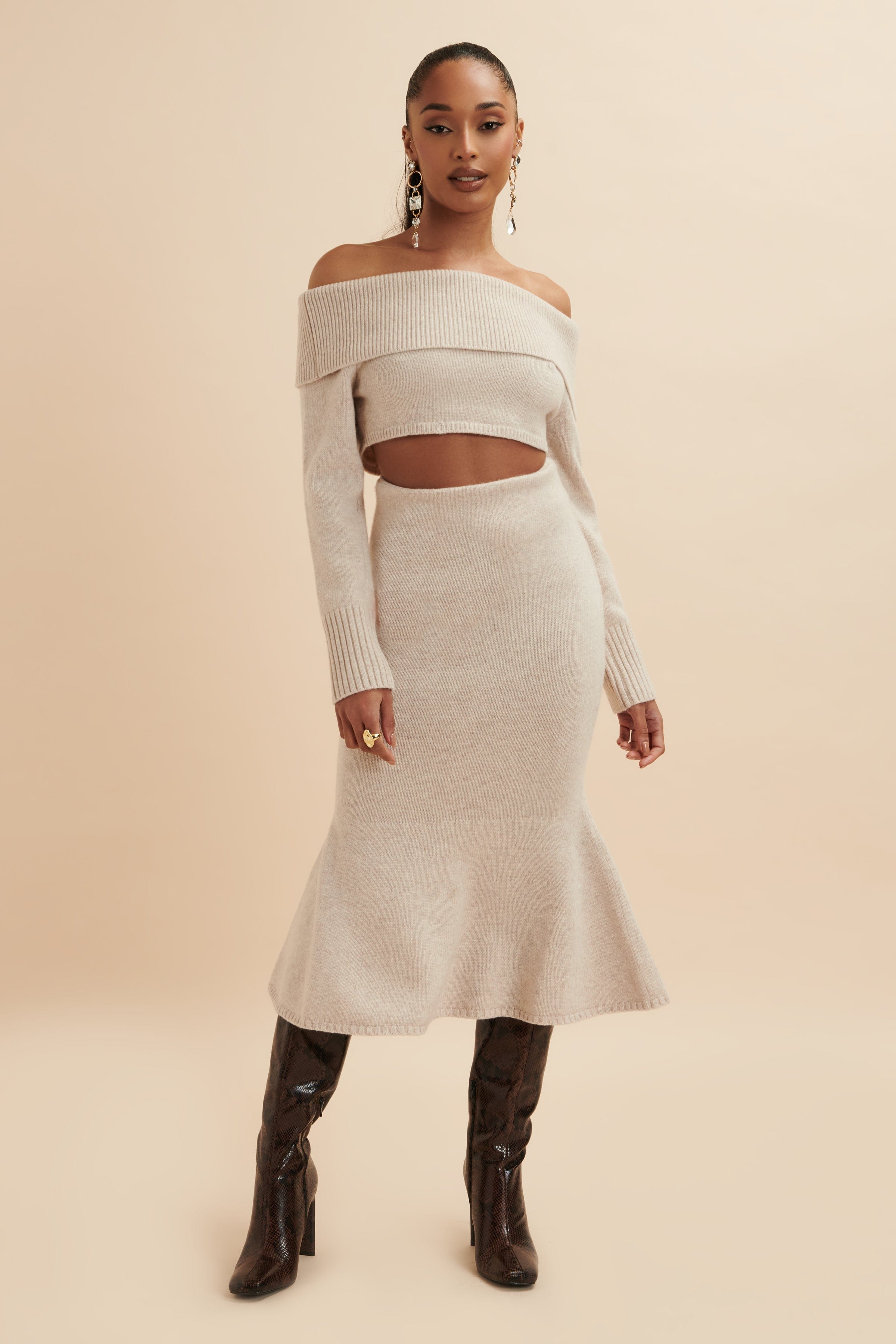 ELENI Knitted Wool Fit & Flare Midi Skirt In Stone