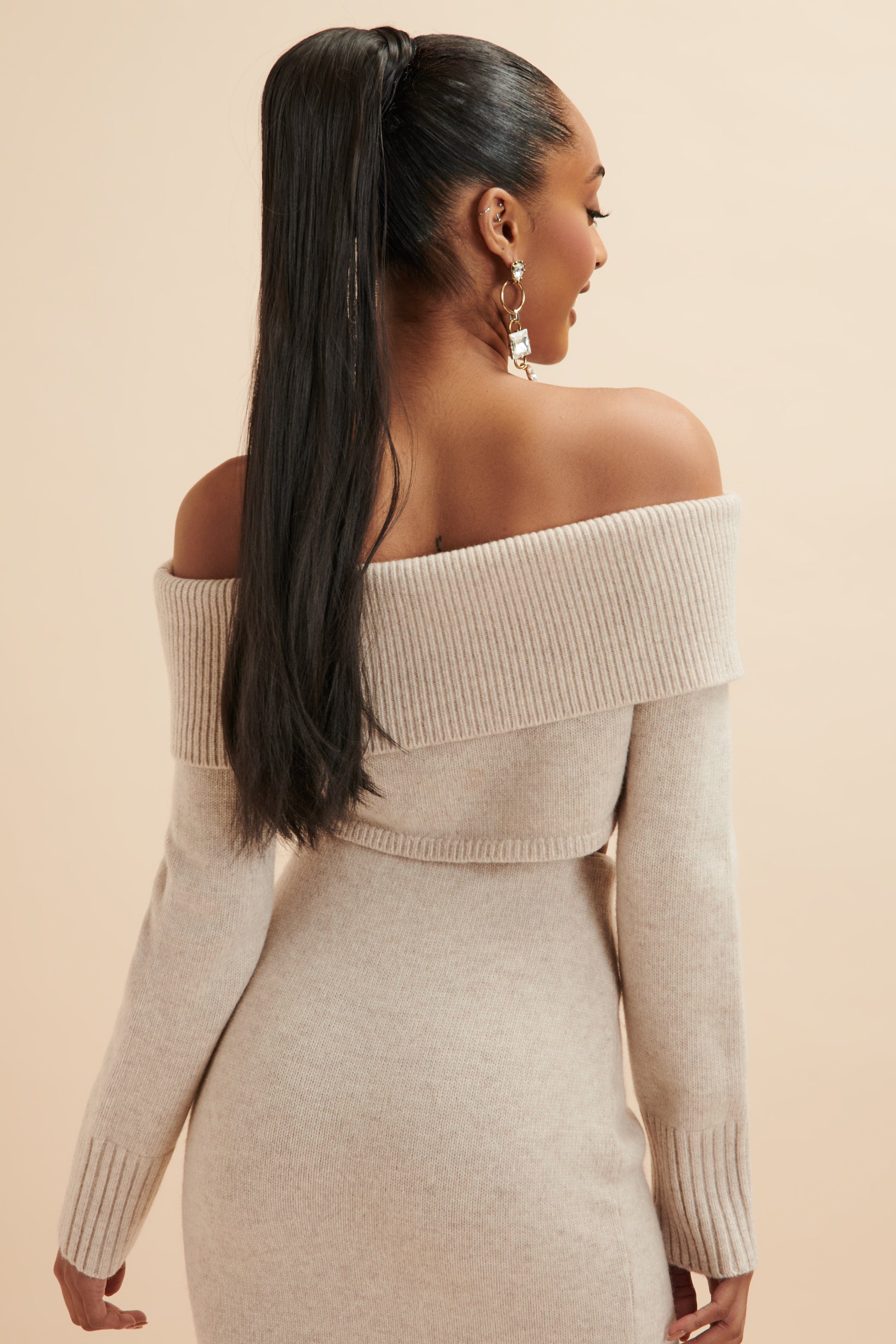 AVANI Knitted Wool Bardot Cropped Top In Stone