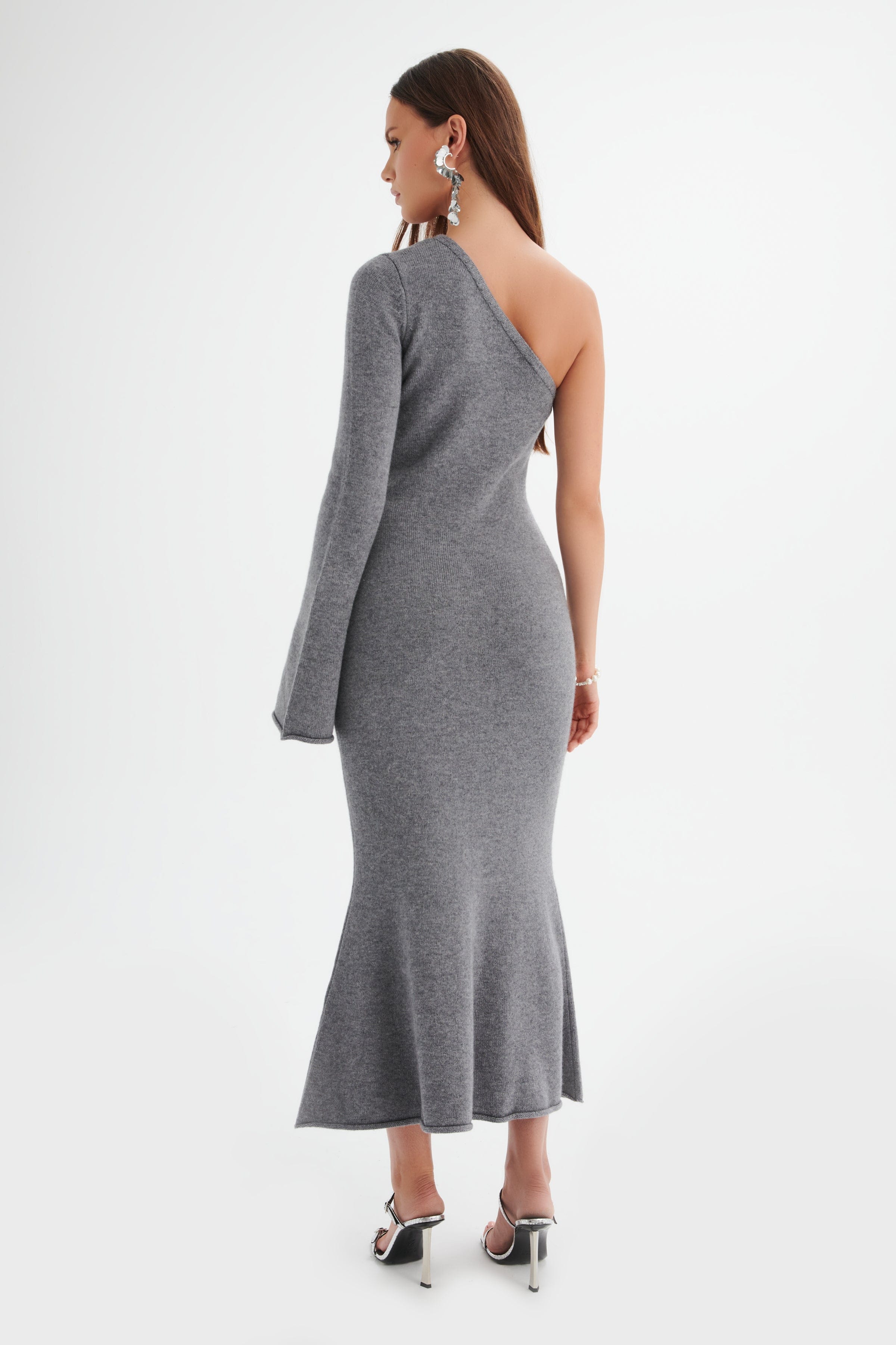 HUDA Knitted Asymmetric Fit & Flare Midi Dress In Grey