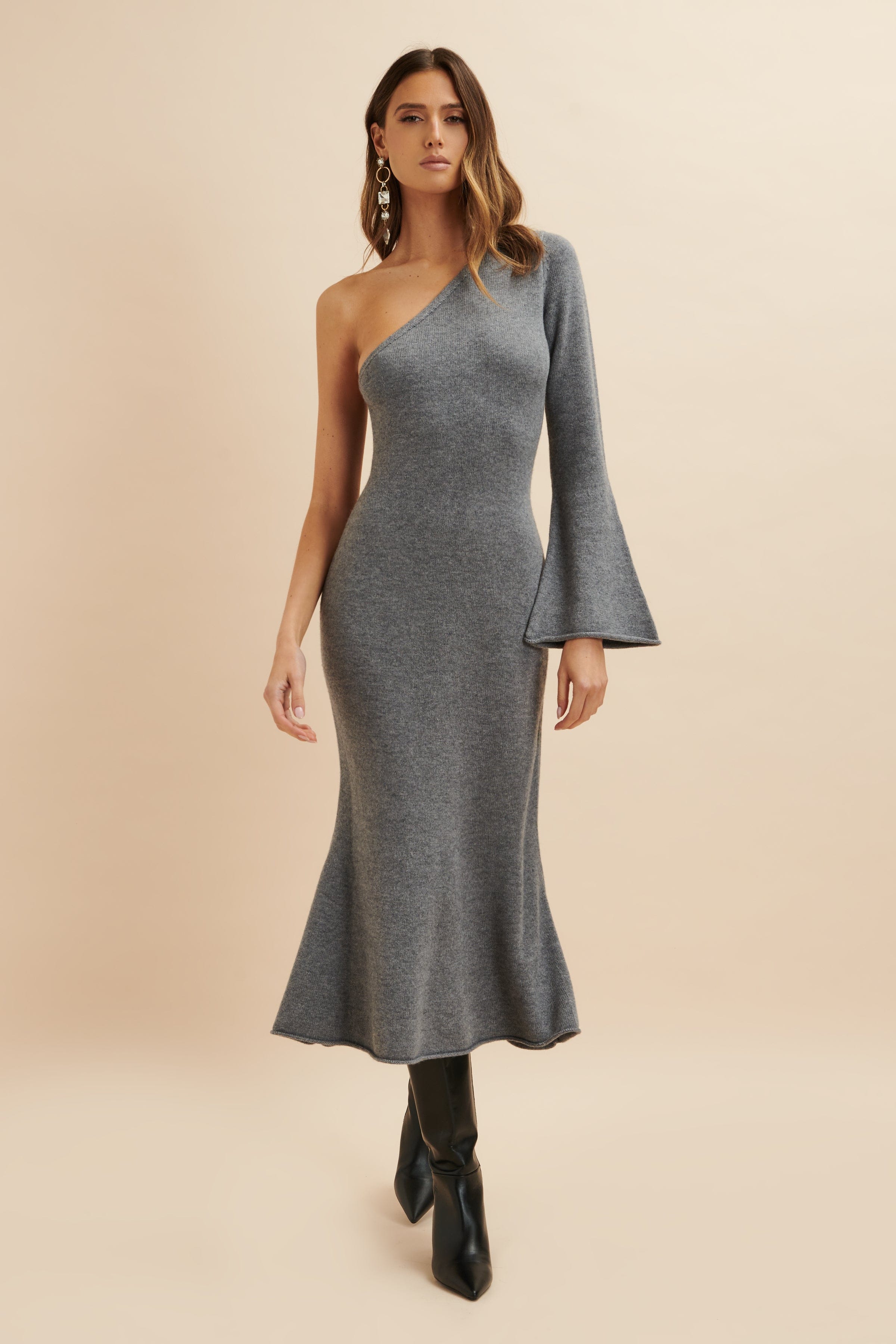 HUDA Knitted Asymmetric Fit & Flare Midi Dress In Grey